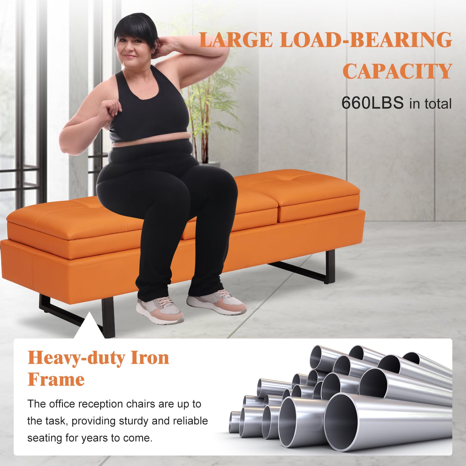 Modern Reception Chairs 3-Seat Waiting Room Bench with Thickened Cushion - PU Leather Entryway Sofa for Office, Salon & Lobby - Comfortable Seating Solution for Waiting Areas, Living Rooms & Commercial Spaces (Orange)