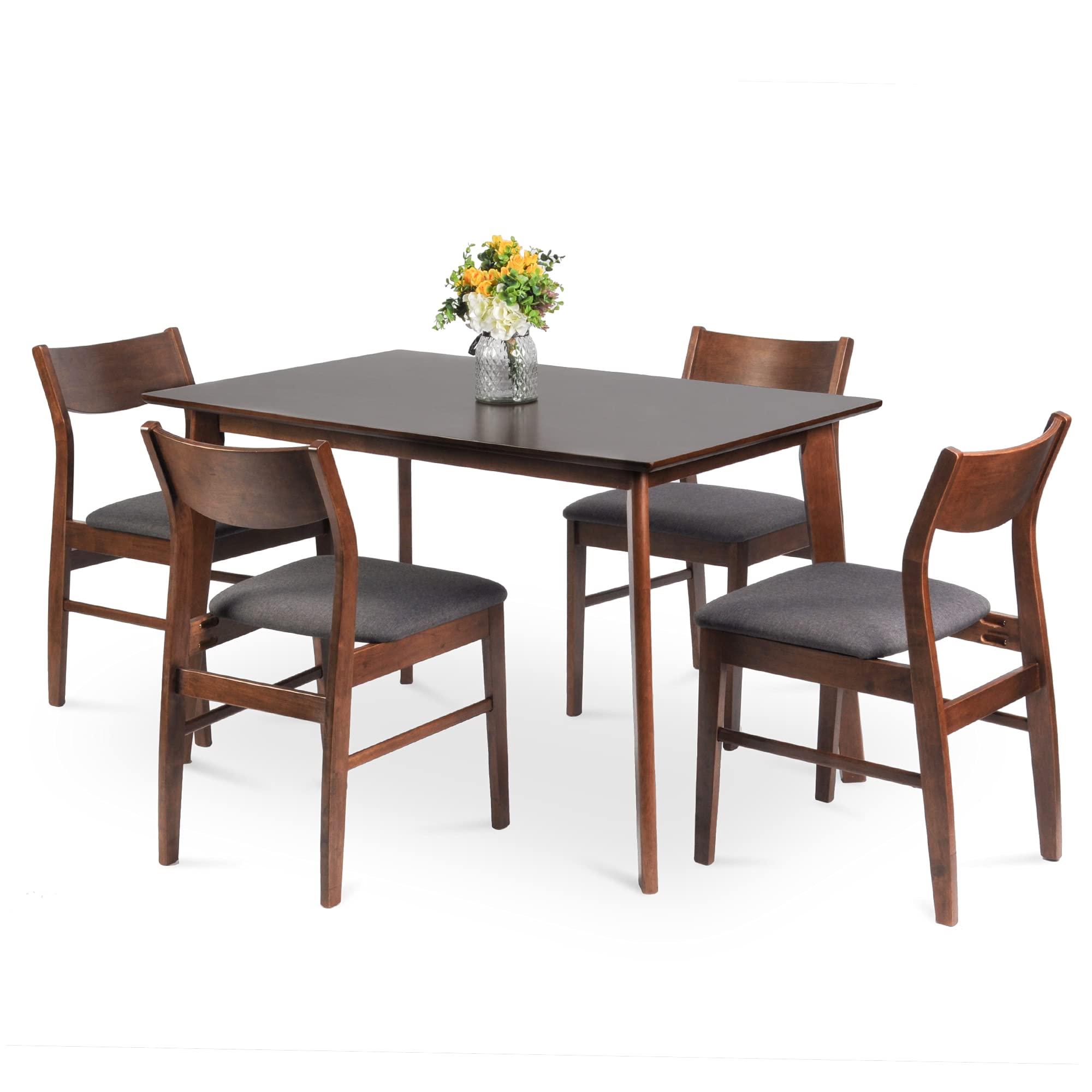 Mid Century Modern Dining Table Set for 4 - Walnut Wood Kitchen Table & Chairs for Small Spaces - Perfect for Breakfast Nook, Apartment Living Room, and Home Dining Areas