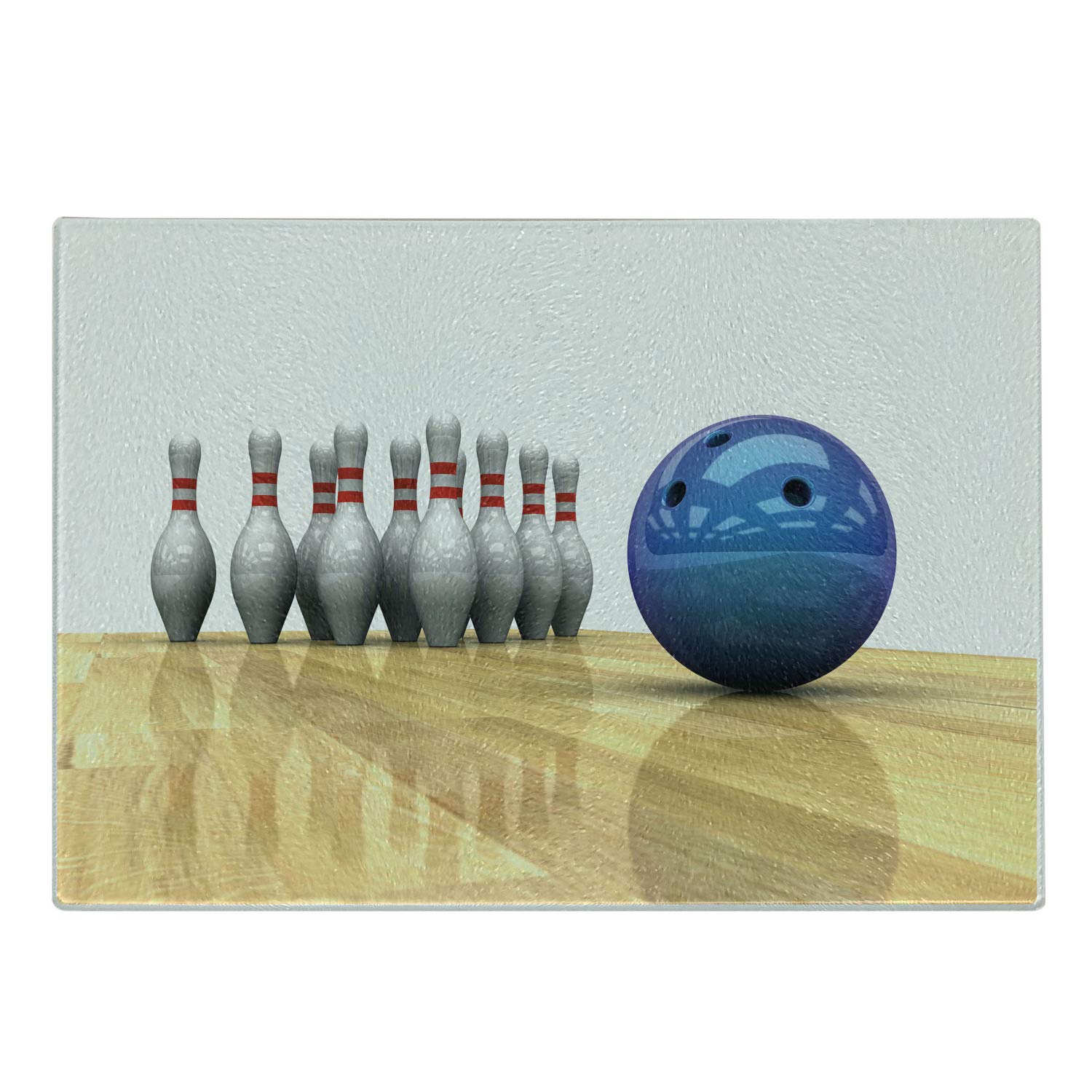 Ambesonne Bowling Party Tempered Glass Cutting Board - Vivid Ball & Pins Design on Parquet Floor Print - Small Decorative Serving Board in Blue, Pale Brown & White - Perfect for Bowling Themed Parties, Game Nights & Kitchen Decor