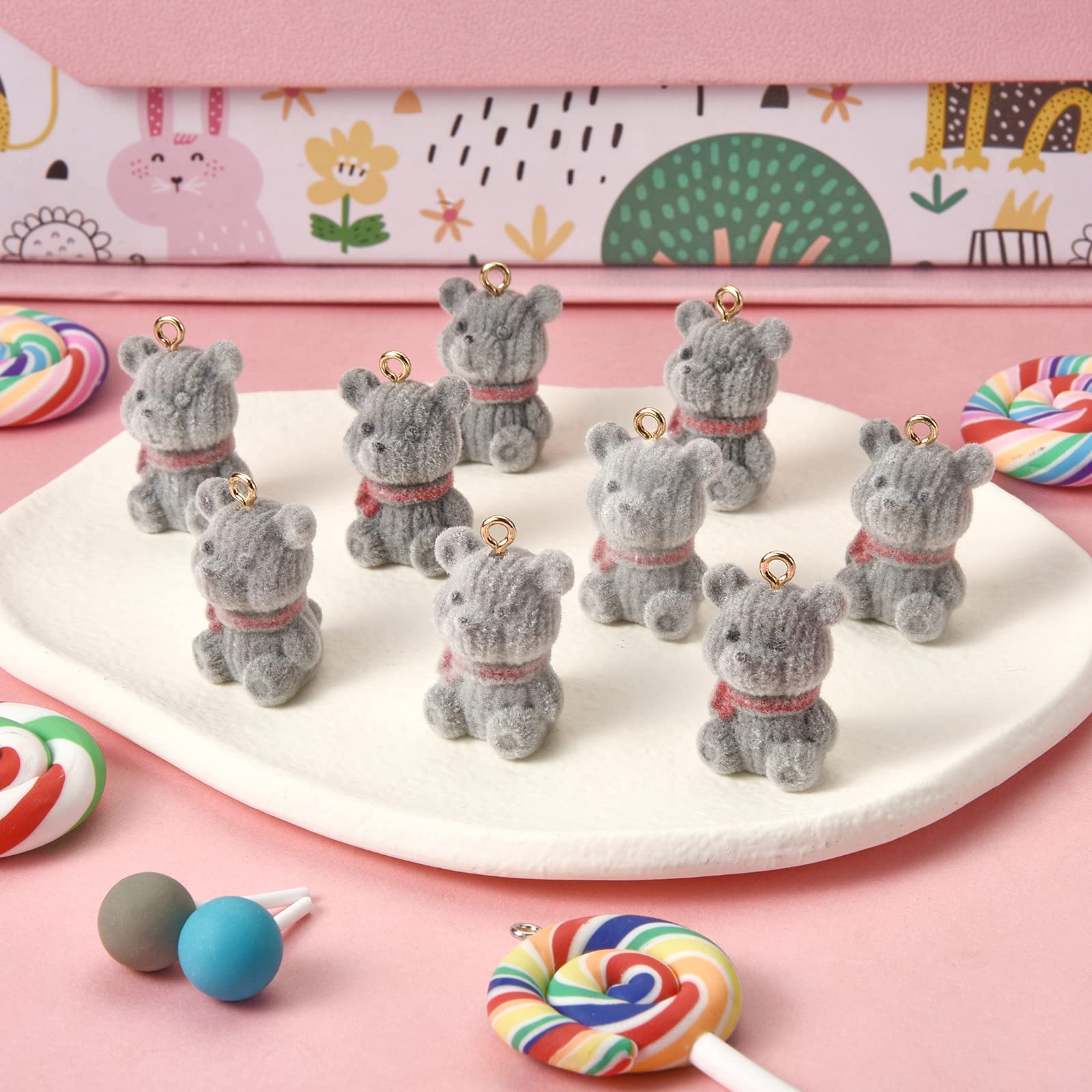 10Pcs Resin Bear Pendants - Flocky Gray Bear Charms with Alloy Findings for DIY Jewelry Making (Necklace, Earrings) - Perfect for Crafting, Gifts & Handmade Accessories