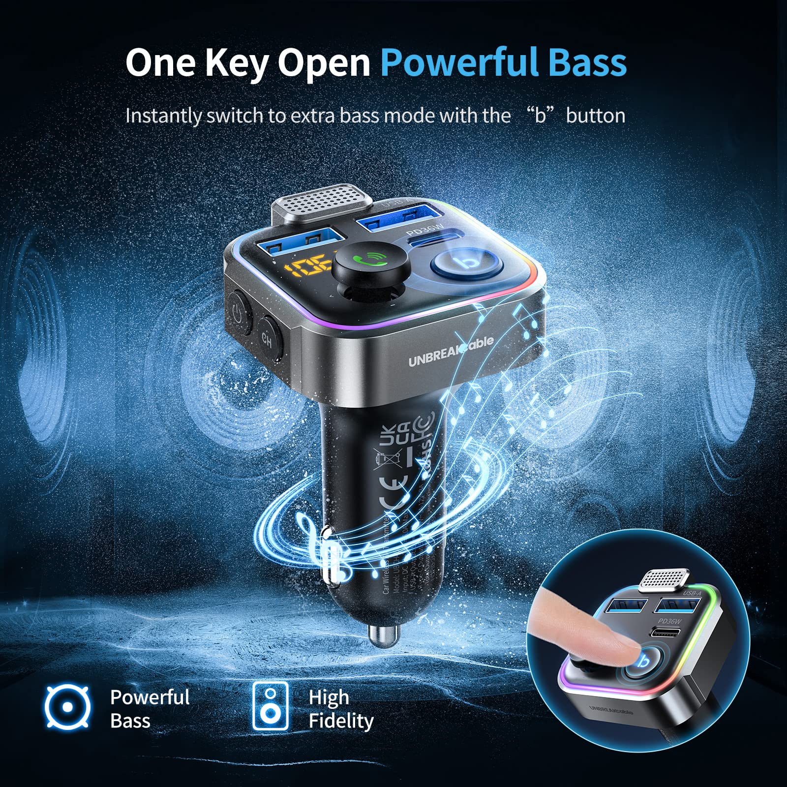 UNBREAKcable Bluetooth FM Transmitter for Car - 38W PD Fast Charger, Wireless FM Radio Adapter with Hands-Free Calling & HiFi Bass Boost | Supports USB Drive & MP3 Playback | Perfect for Road Trips, Commuting & Music Lovers