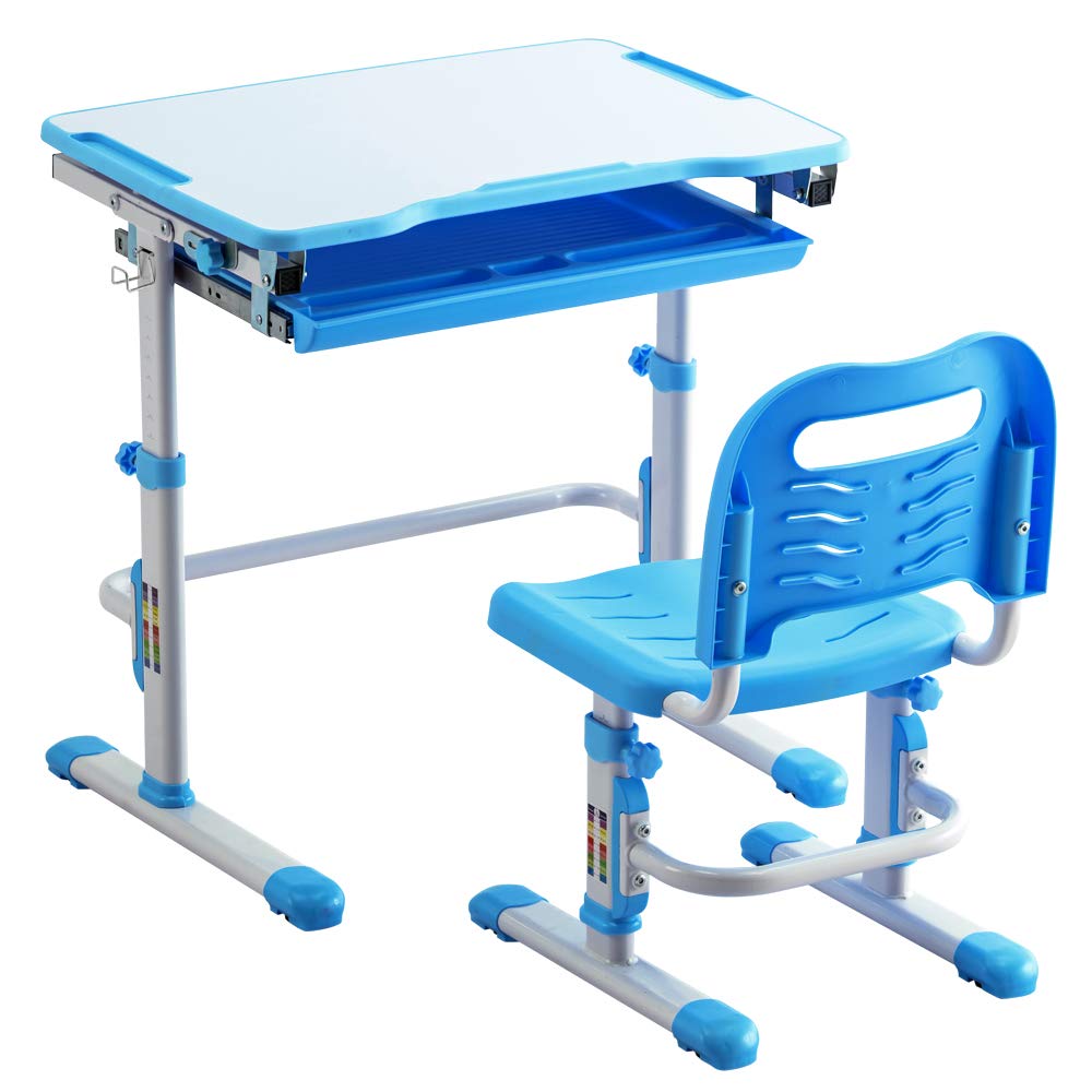 Valkynos Adjustable Kids Desk and Chair Set - Ergonomic Children's Study Table with Tilted Desktop, Storage Drawer & Metal Hook - Perfect for Homework, Drawing & Online Learning (Boys & Girls)