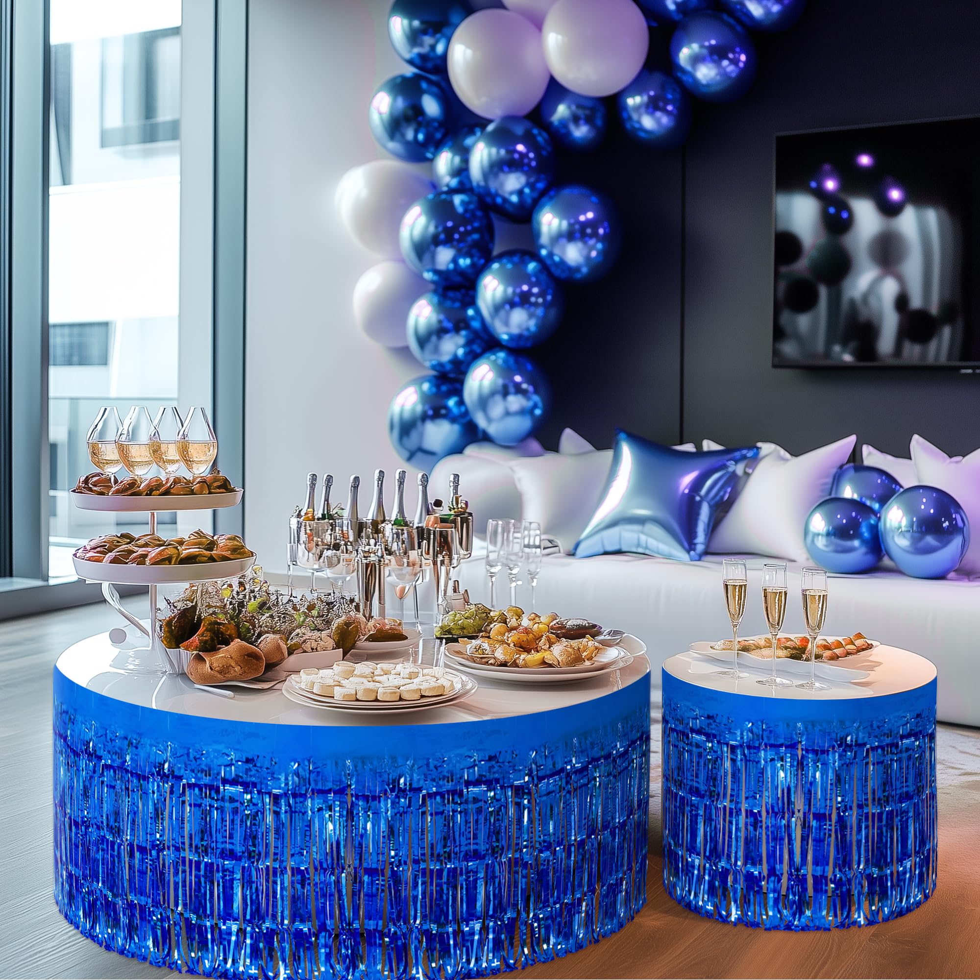 2 Pack Dark Blue Metallic Foil Tinsel Fringe Table Skirts - 29x108 Inch Party Decor for Rectangle Tables, Birthday Wedding Holiday Backdrop, Perfect for Banquet Halls & Event Center Decorations