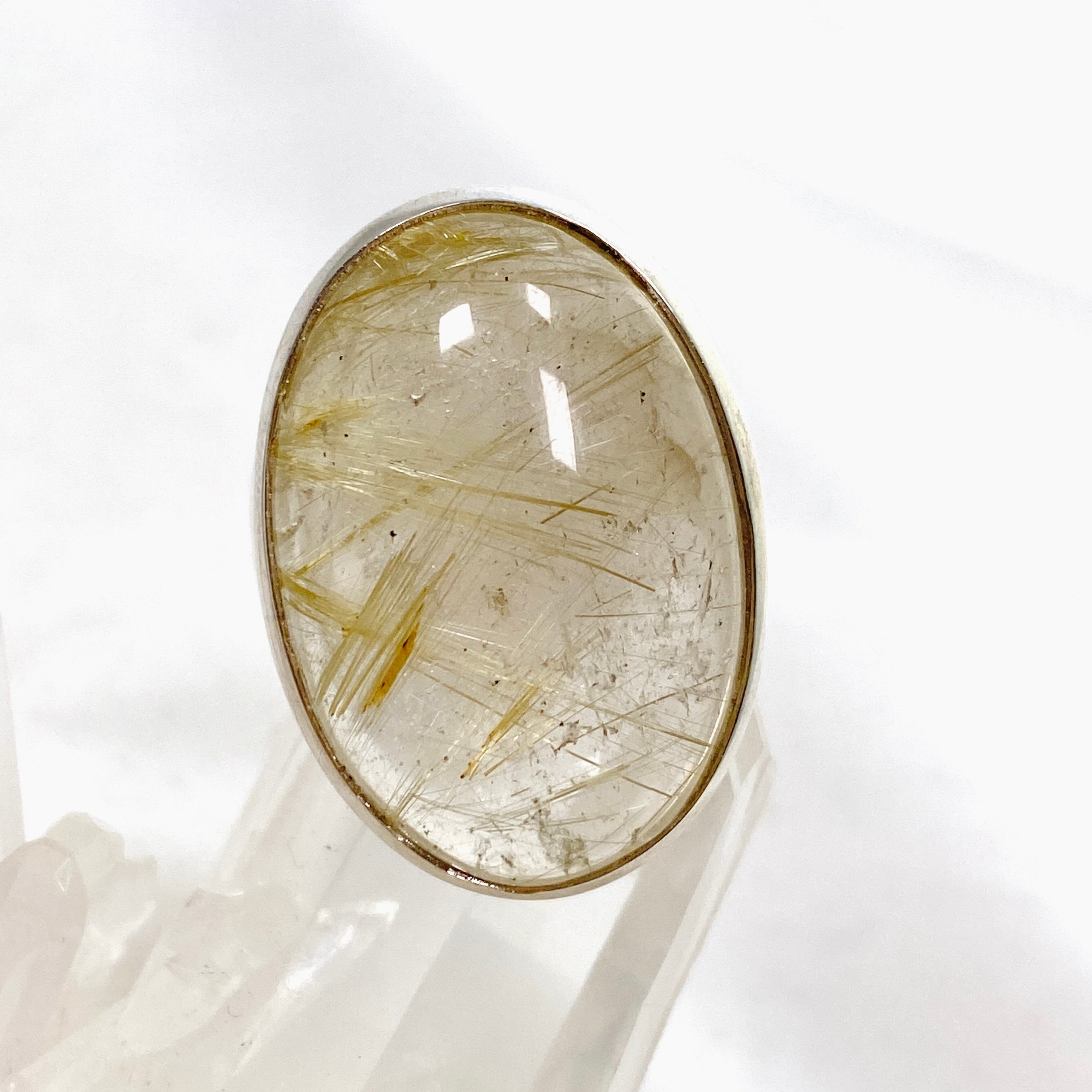 Rutilated Quartz Oval Cabochon Ring - Size 10 - 925 Sterling Silver - Handmade Boho Jewelry - Perfect for Meditation, Energy Healing & Spiritual Gifts