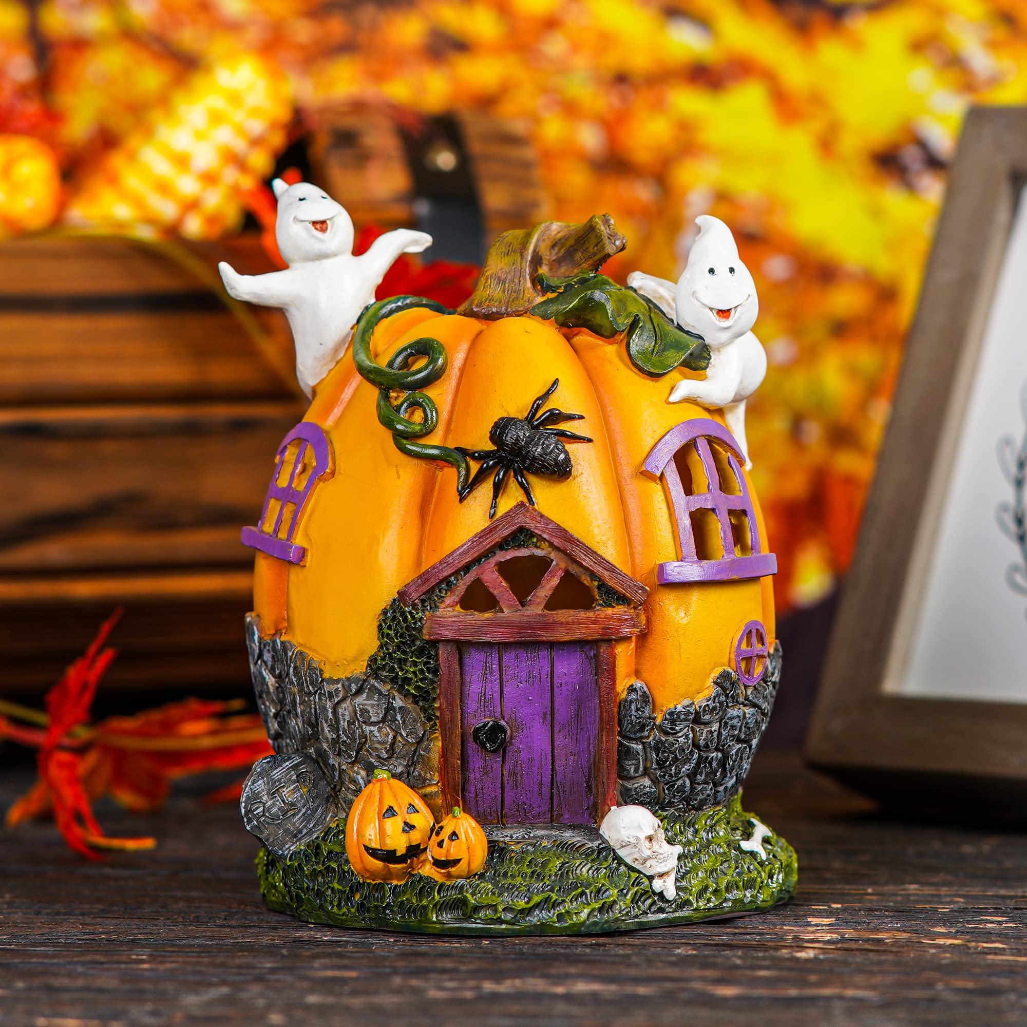Topadorn Halloween Pumpkin House Figurine with Ghost - Spooky LED Lighted Haunted House Decor for Table, Garden, Yard - Perfect for Halloween Party, Home Decoration & Outdoor Scary Display