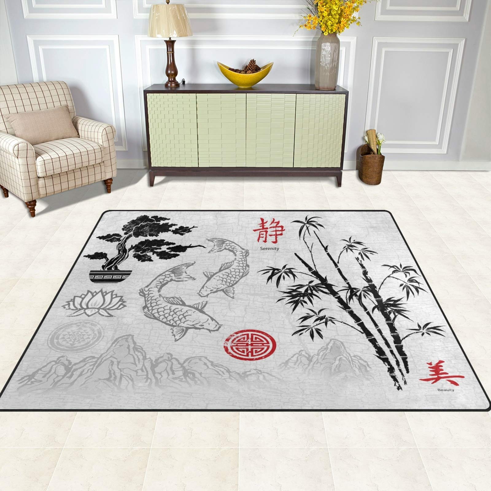 ALAZA Asian Style Koi Fish & Mountain Oil Painting Area Rug - 7'x5' Non-Slip Living Room & Bedroom Carpet - Perfect for Home Decor, Meditation Spaces & Zen Interior Design