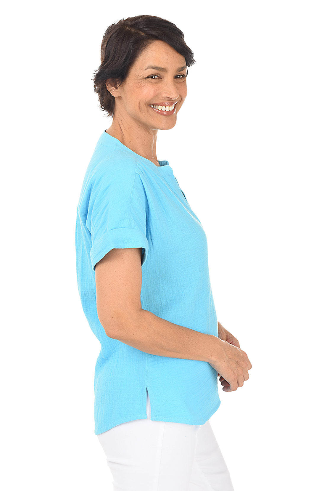 Bubble Gauze Rolled Short Sleeve Blouse Women's Casual Top | Breathable Summer Shirt for Beach, Office & Date Night