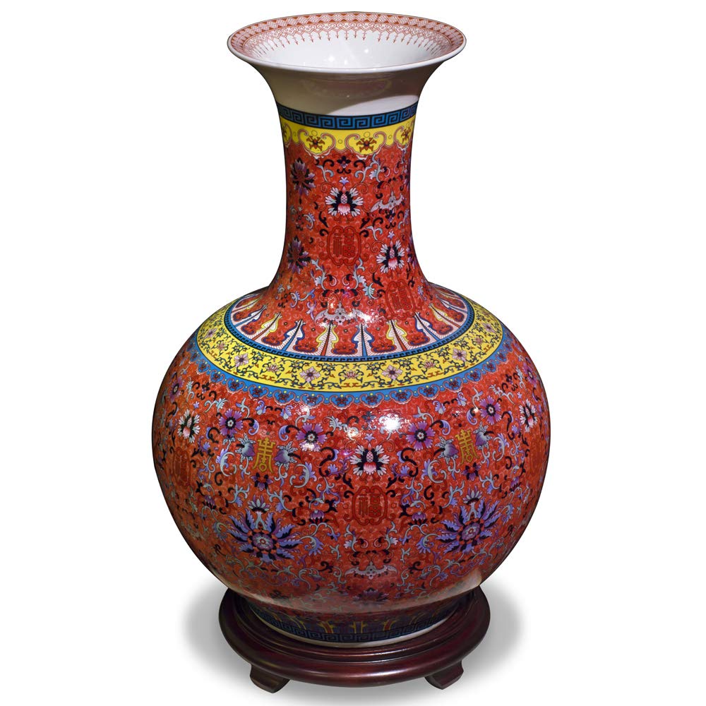 Antique Imperial Red Chinese Porcelain Temple Vase - Handcrafted Asian Home Decor for Living Room, Office & Feng Shui Display