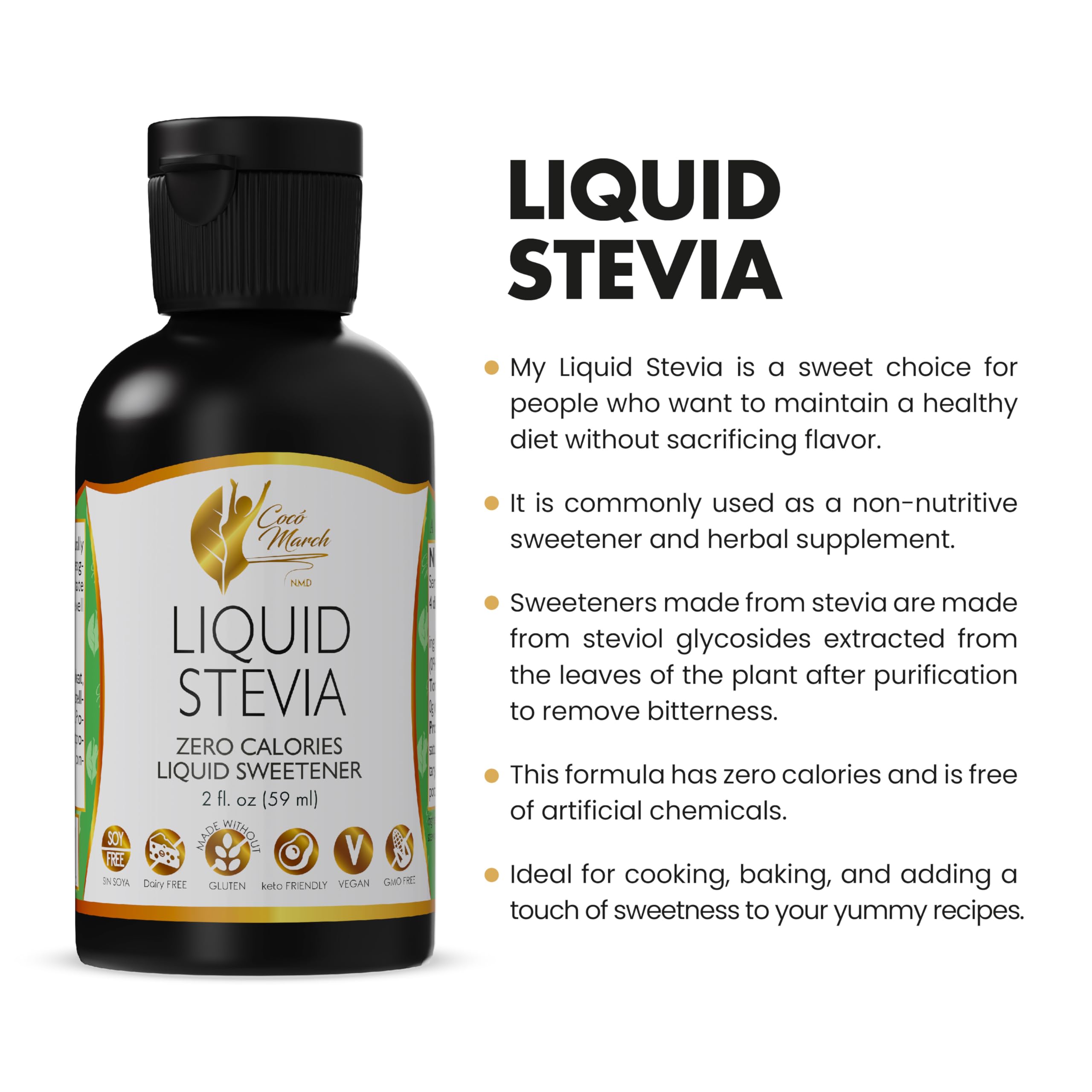 Organic Liquid Stevia by Coco March - Natural Zero Calorie Sweetener - No Aftertaste - Gluten Free, Vegan, Non-GMO, Keto Friendly (2 fl oz / 60ml, 450 Servings) - Perfect for Coffee, Tea, Baking & Healthy Lifestyle