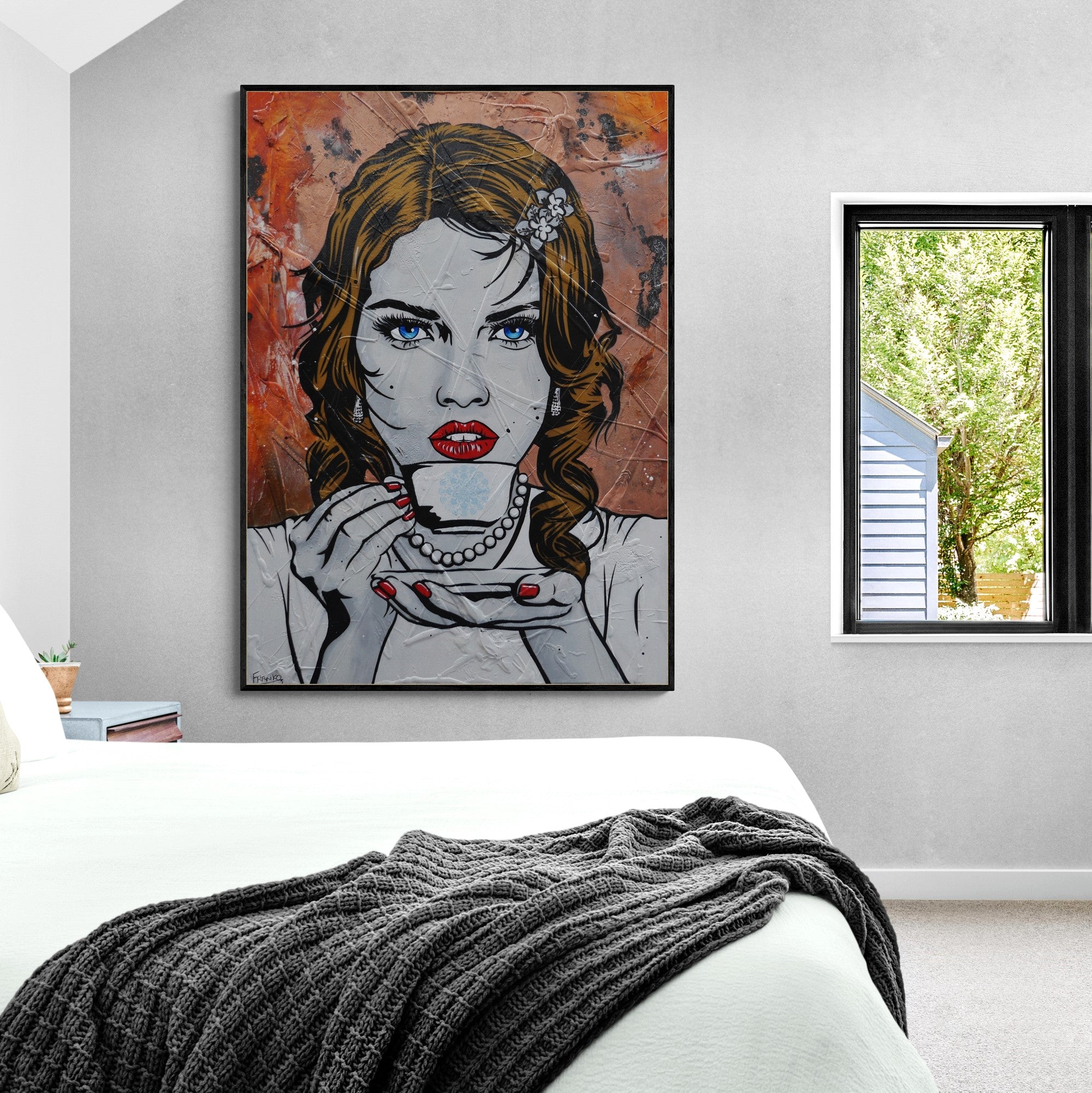 140cm x 100cm Coffee Girl Textured Urban Pop Art Canvas Painting - Modern Wall Decor for Living Room, Bedroom & Office