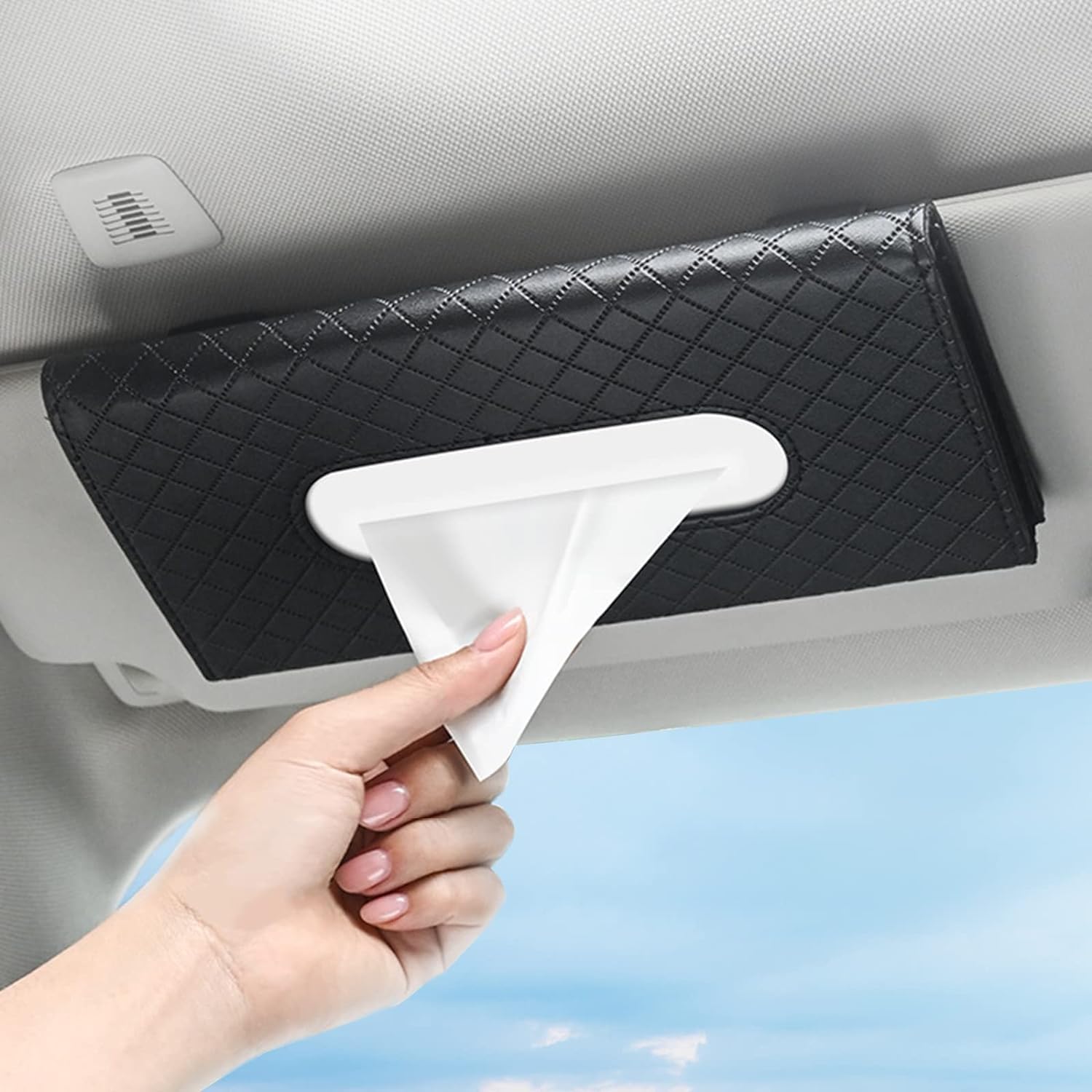Black PU Leather Car Sun Visor Tissue Box Holder - Hanging Napkin & Mask Organizer for Vehicles | Perfect Car Accessory Gift Idea | Keep Tissues Handy While Driving