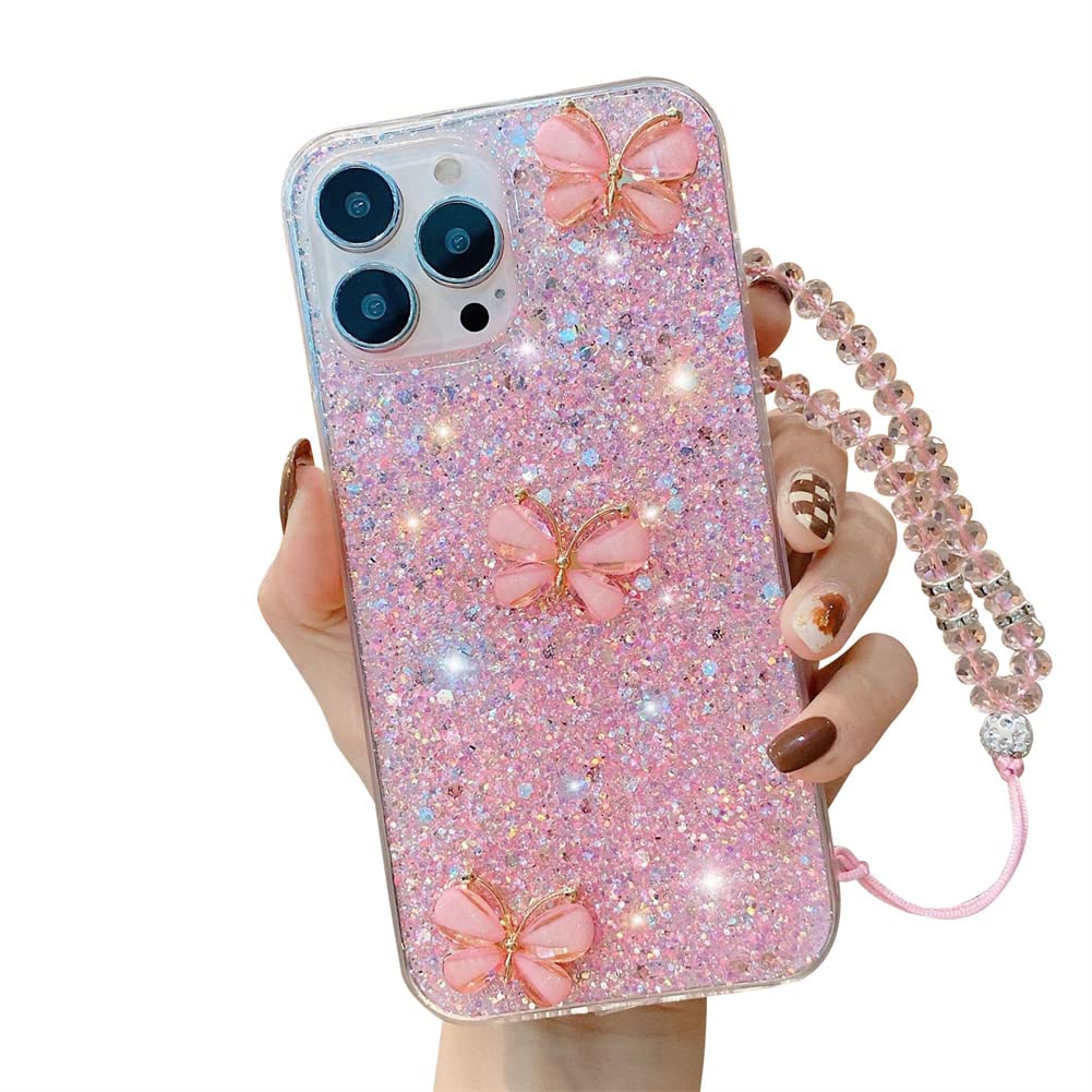 **3D Crystal Glitter Butterfly Phone Case for Samsung Galaxy A21s - Clear Soft TPU Shockproof Cover with Diamond Wrist Strap, Transparent Protective Case for Women & Girls (Pink) - Perfect for Everyday Use, Parties & Gifts**