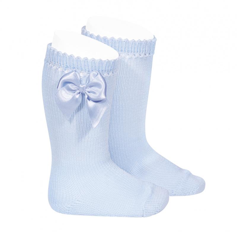 Baby Blue Perlé Satin Bow Socks for Girls - Elegant Dress Socks for Special Occasions, Parties & Photoshoots