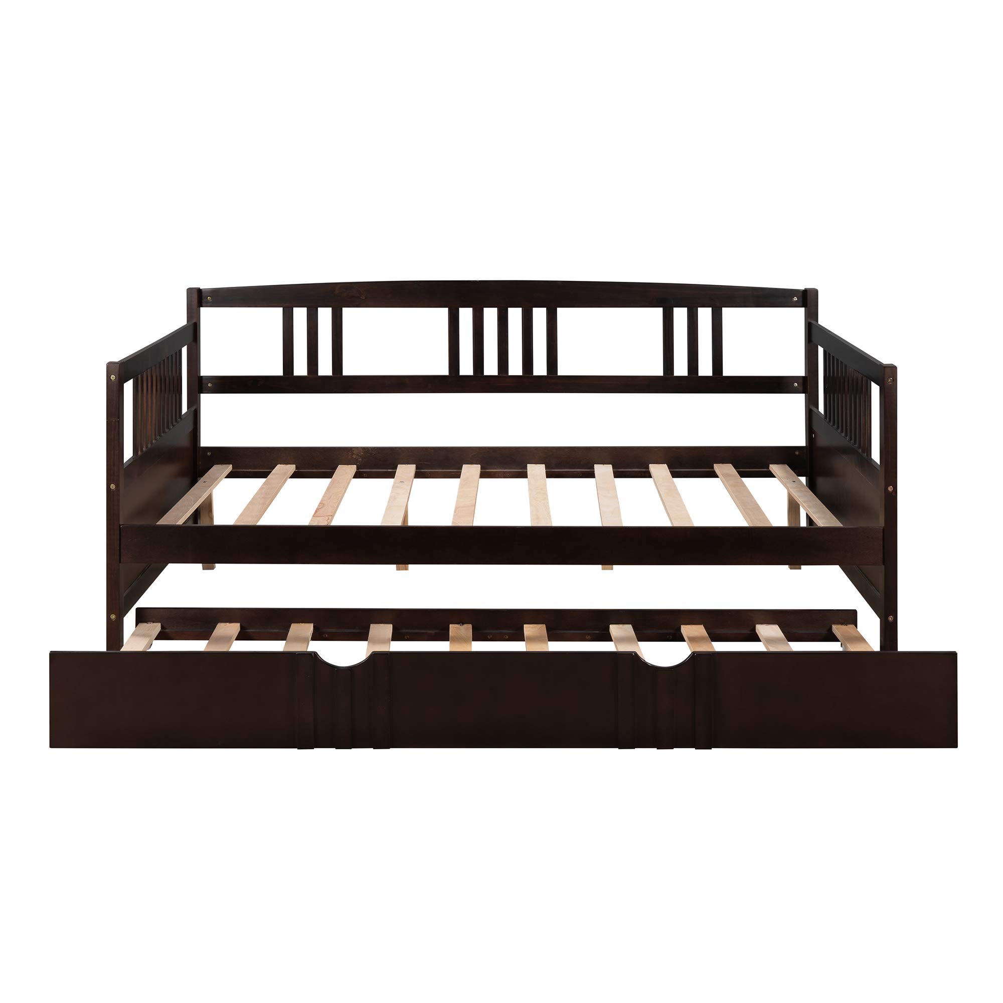 Full Size Wooden Daybed with Twin Trundle - 10 Wooden Slats Support, No Box Spring Needed (Espresso Finish) - Perfect for Guest Rooms, Dormitories & Small Space Living