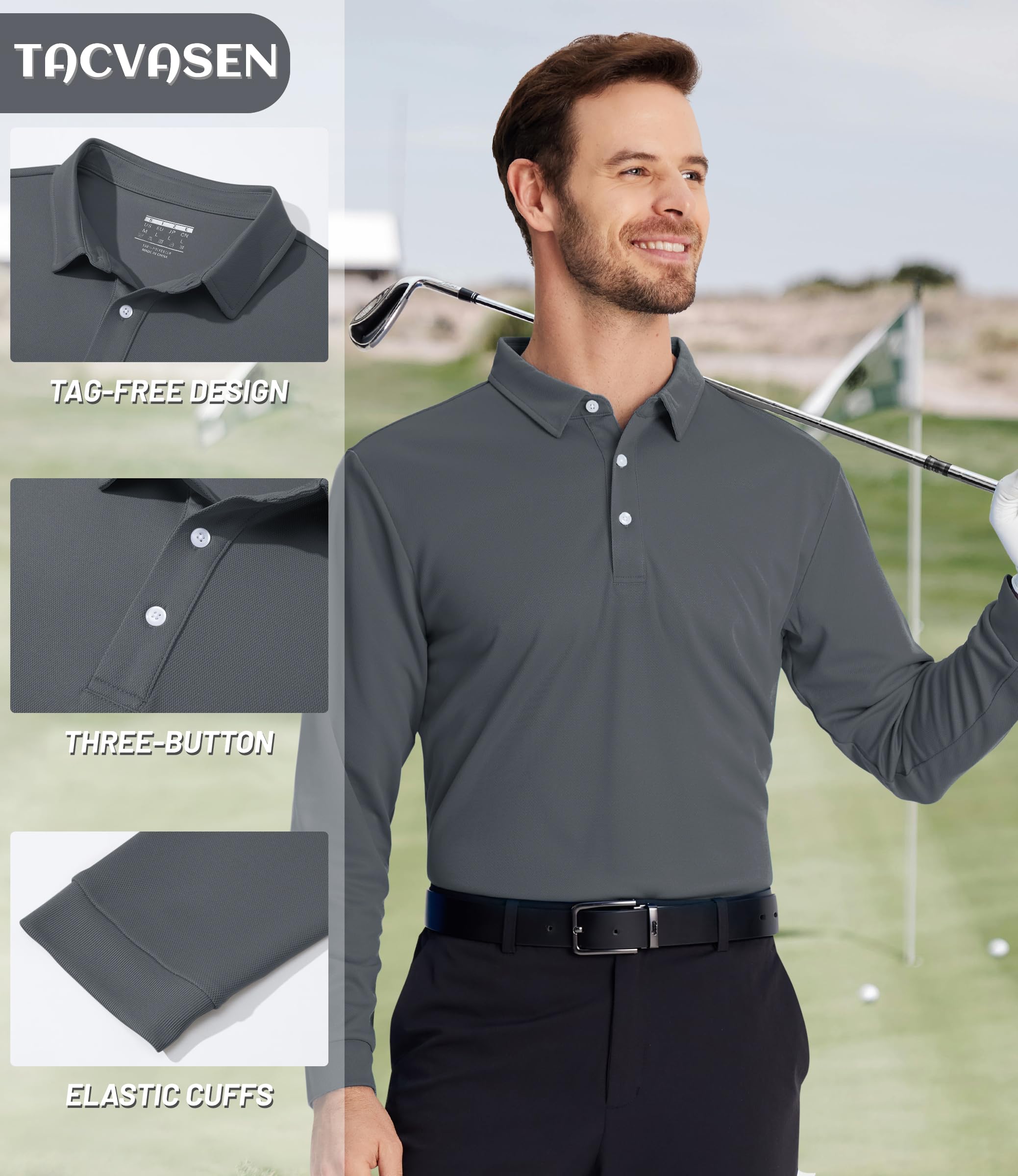 TACVASEN Men's Quick Dry Long Sleeve Polo Shirt - Breathable Golf & Running Top with 3 Buttons - Perfect for Workouts, Golfing, and Outdoor Activities