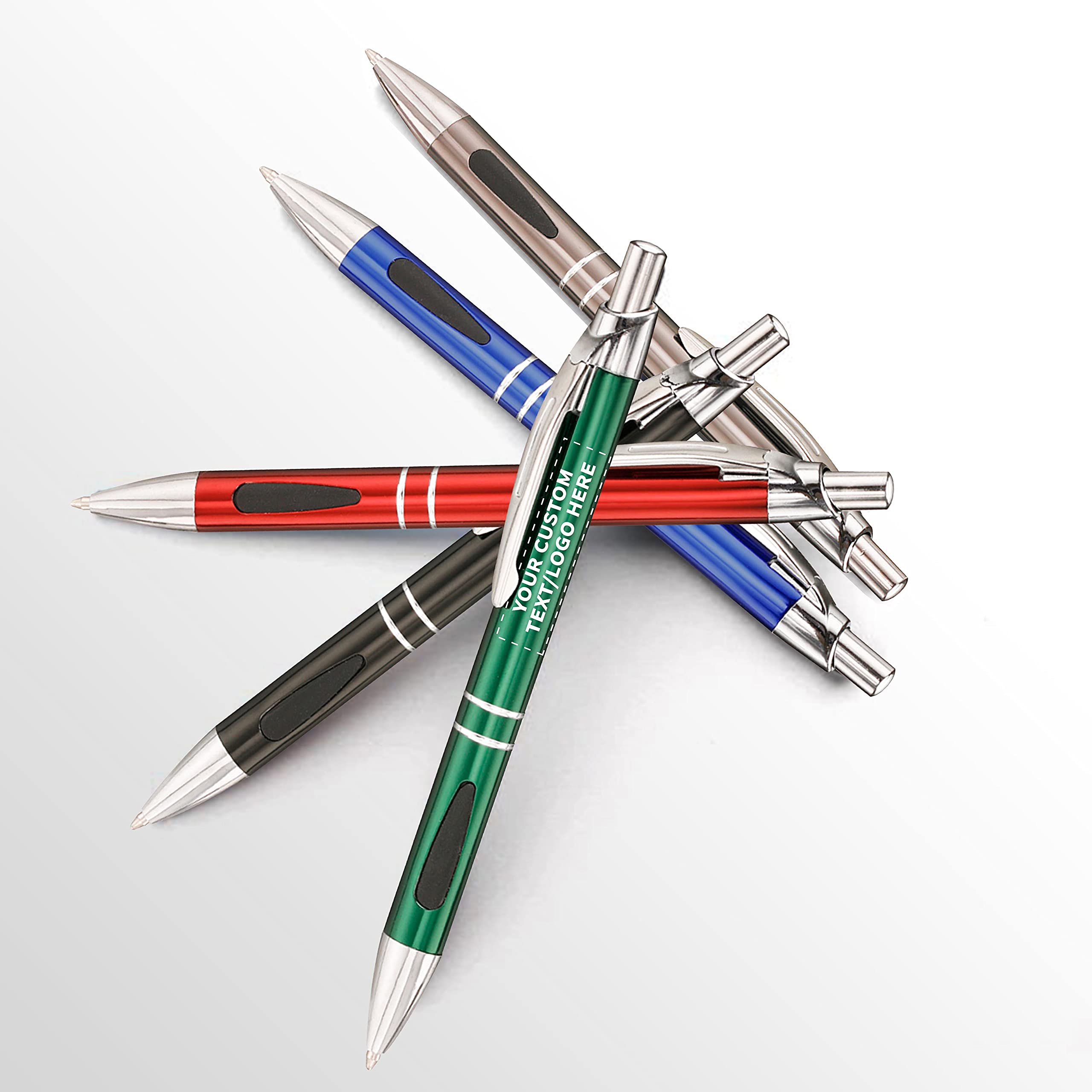 50 Pack Black Ink Metal Pens with Custom Text & Logo - Retractable Ballpoint Pens with Silver Accents - Premium Office & Business Writing Supplies for Gifts, Promotions & Corporate Events