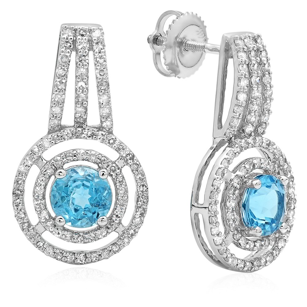 Dazzlingrock Collection Round Cut Blue Topaz & White Diamond Halo Drop Earrings for Women, 14K Solid White Gold – Perfect for Weddings, Parties & Special Occasions