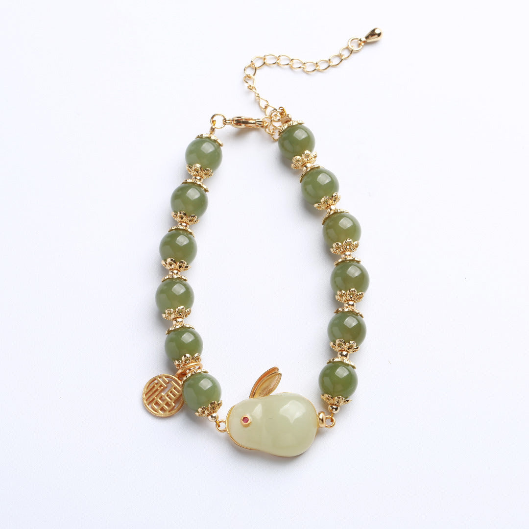 Chinese Zodiac Rabbit Silver Beads Bracelet - Genuine Jade Charm for Luck & Protection | Perfect Birthday Gift for Women, Girls | Feng Shui Jewelry for Home & Office Decor
