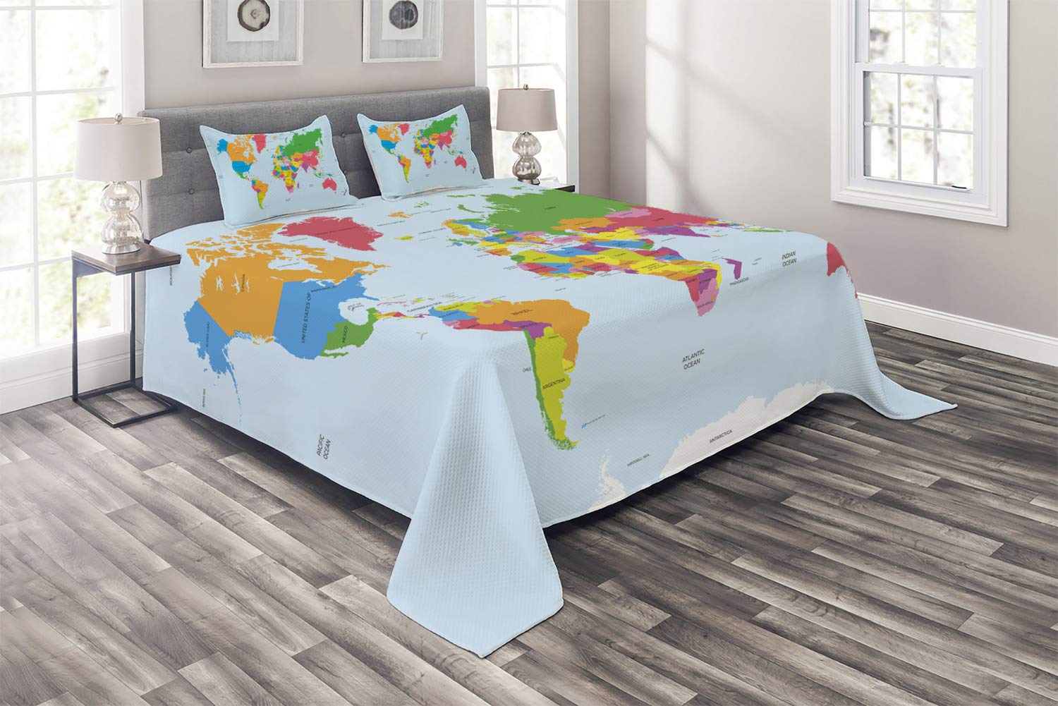 Ambesonne World Map Quilted Bedspread Set - 3 Piece King Size Decorative Coverlet with 2 Pillow Shams, Colorful Political Style Map of Europe America Asia Africa | Perfect for Travel Lovers, Bedroom Decor & Gift Ideas