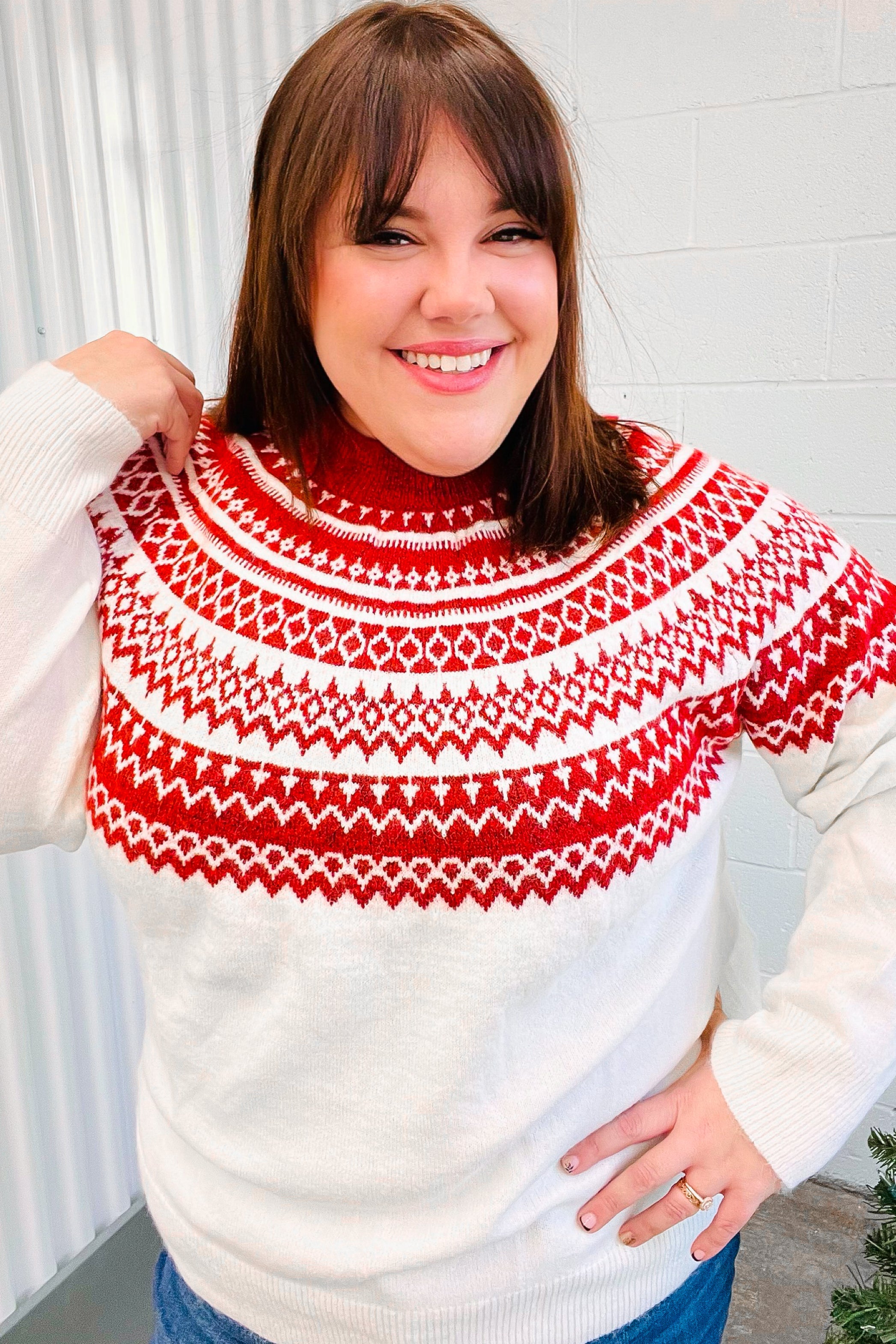Festive Ivory & Red Fair Isle Mock Neck Sweater - Cozy Christmas Holiday Knitwear for Women, Perfect for Winter Parties & Family Gatherings