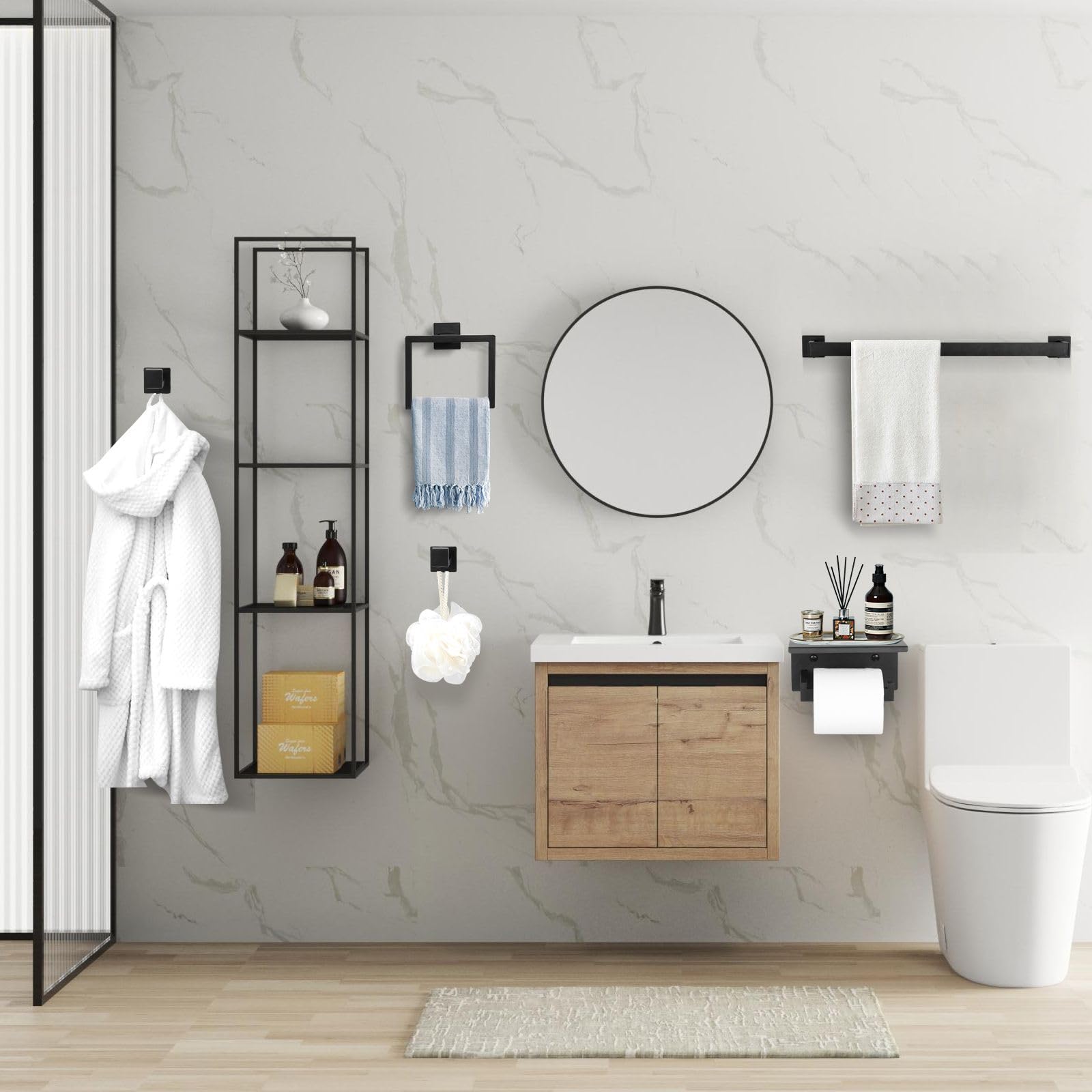 5-Piece Black Stainless Steel Bathroom Towel Bar Set - Wall Mounted Toilet Paper Holder with Shelf & Towel Rack - Modern Bathroom Hardware Accessories for Home, Hotel & Spa Decor
