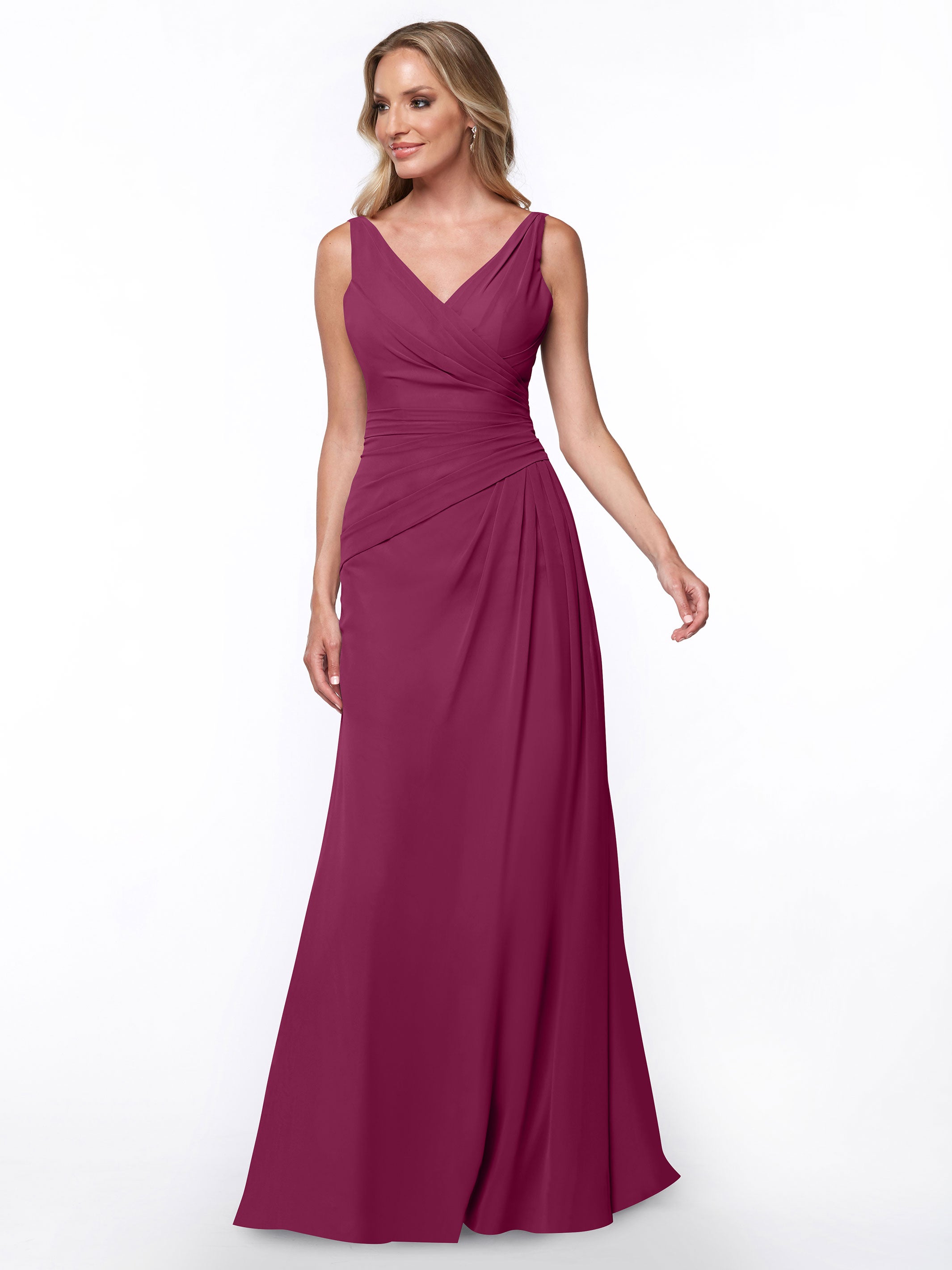 Elegant 80030 Chiffon Sheath Bridesmaid Dress with Ruching V-Neck Bodice - Perfect for Weddings, Formal Events & Special Occasions