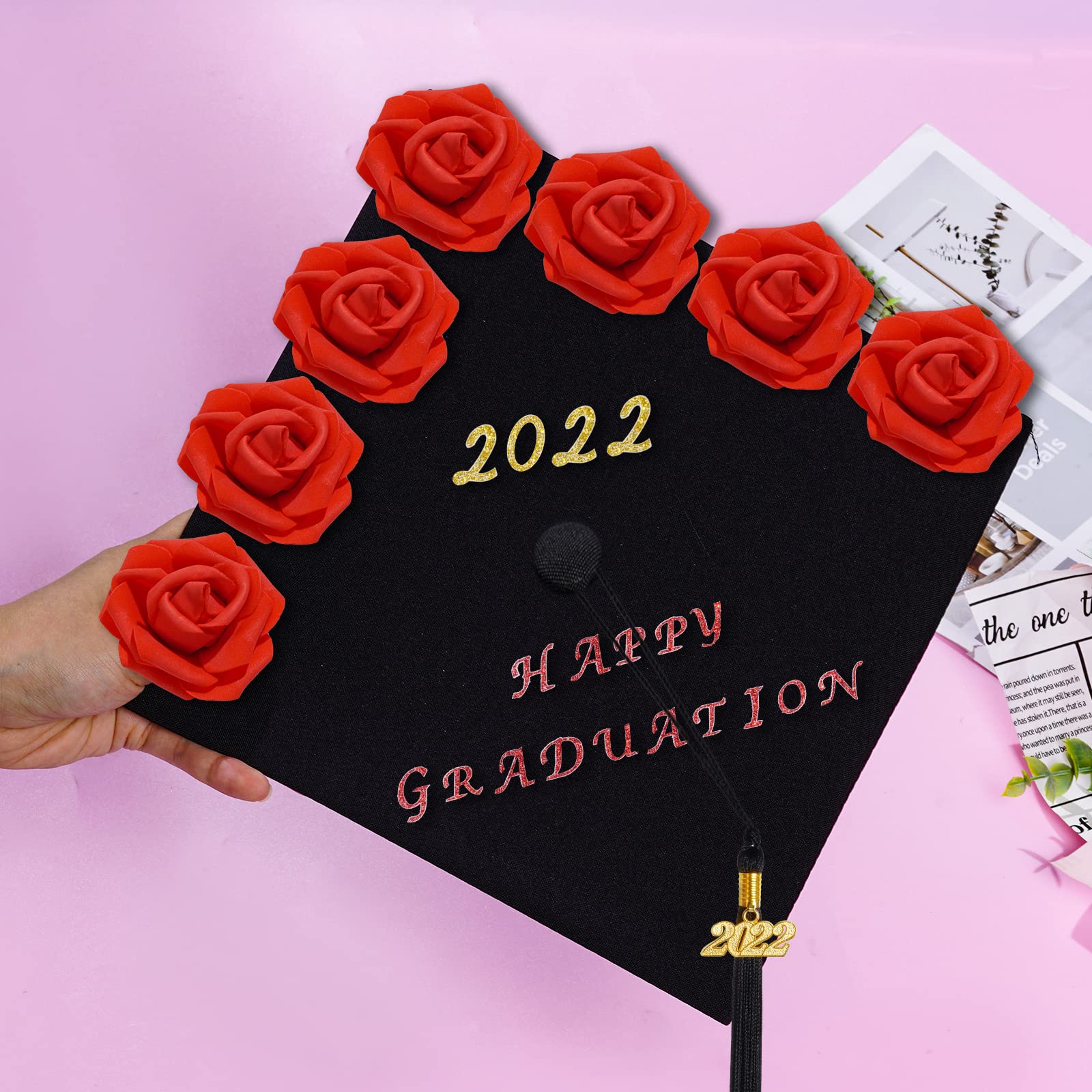 38-Piece DIY Graduation Cap Decorations Kit with Rhinestones, Letters, Numbers & Red Rose Faux Flowers – Perfect for Grad Cap Customization, Party Decor, and Photo Backdrops