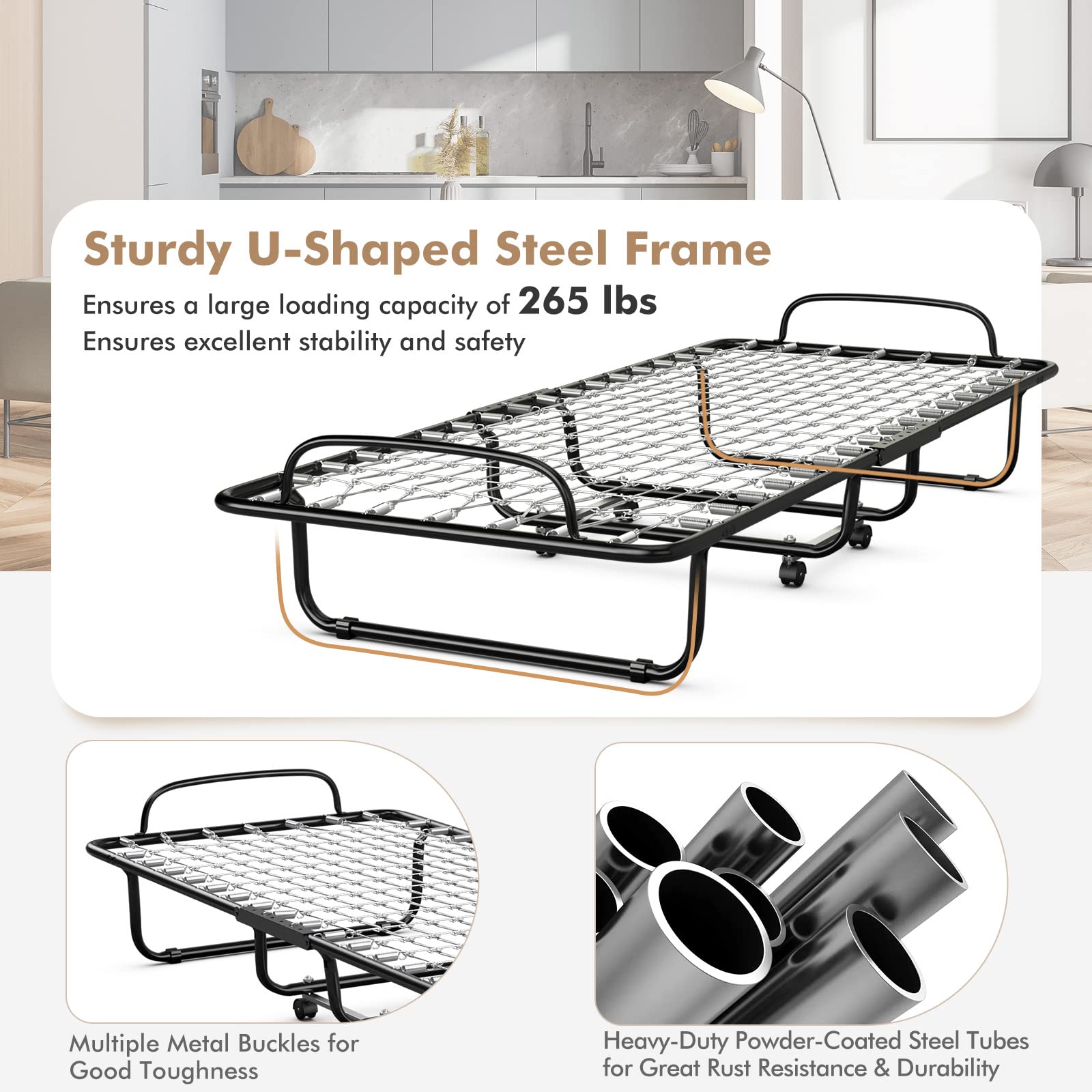 RELAX4LIFE Foldable Guest Bed with Memory Foam Mattress - Sturdy U-Shaped Metal Frame & 4 Universal Wheels | Portable Single Cot for Home, Office & Travel | Easy Storage Space-Saving Design | Made in Italy
