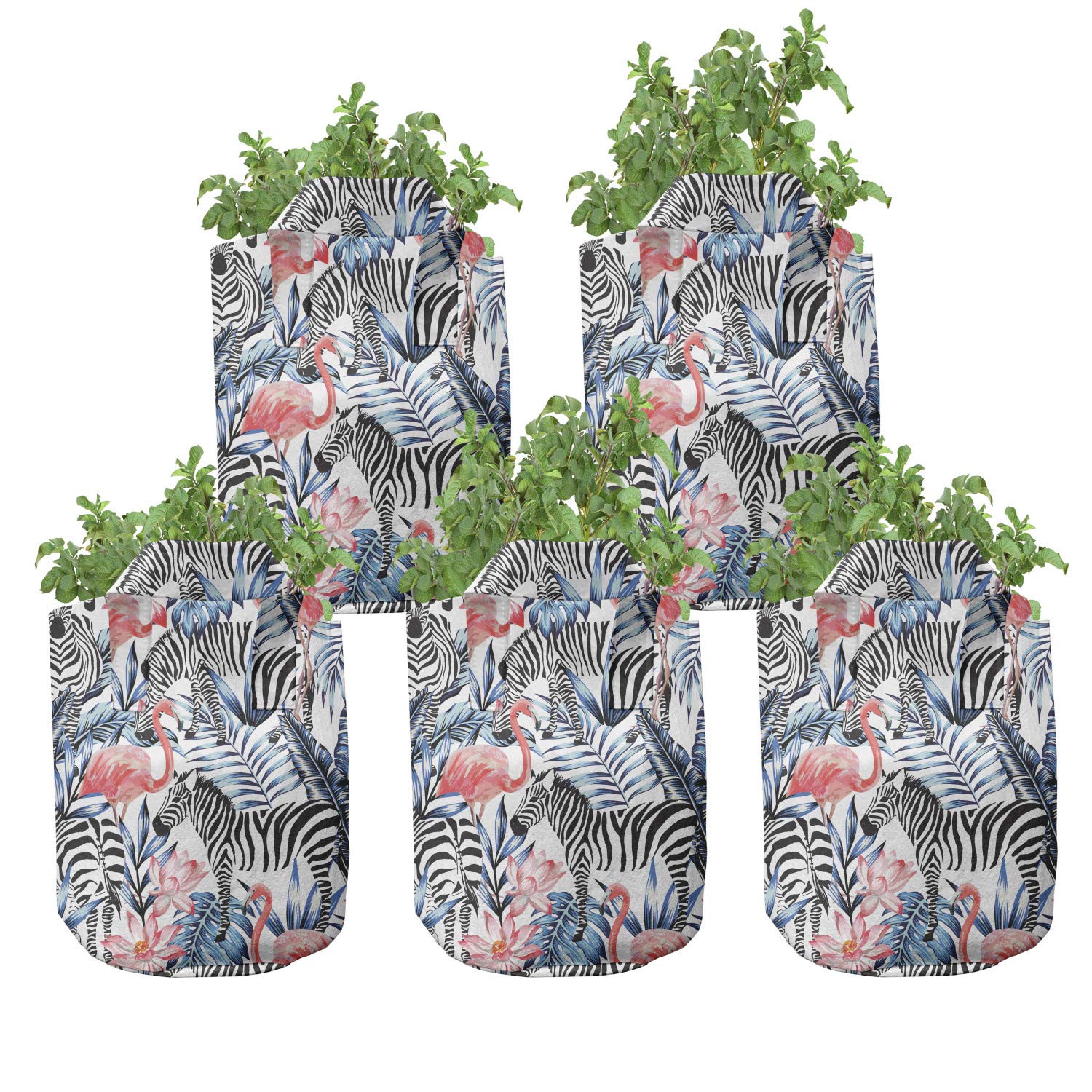 Ambesonne 5-Pack 7 Gallon Heavy Duty Watercolor Flamingo & Zebra Fabric Grow Bags with Handles - Durable Plant Pots for Indoor/Outdoor Gardening, Balcony Decor & Urban Farming