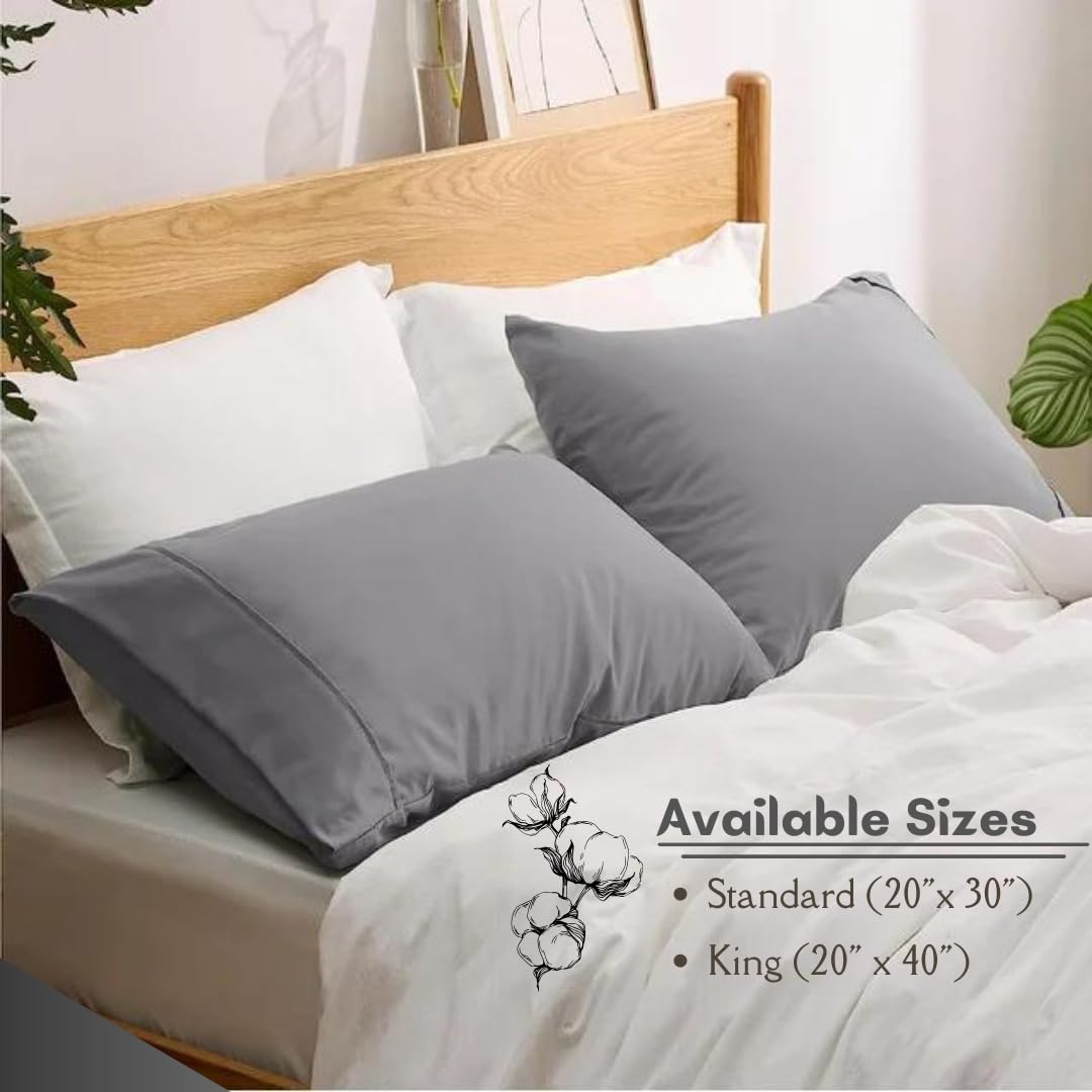 Premium 100% Long Staple Combed Cotton Pillowcases - Cooling Standard Size 20x30 Inches (Set of 2) - Light Grey Solid with 4-Inch Hem - Breathable & Soft for Better Sleep - Perfect for Bedroom, Guest Room & Travel