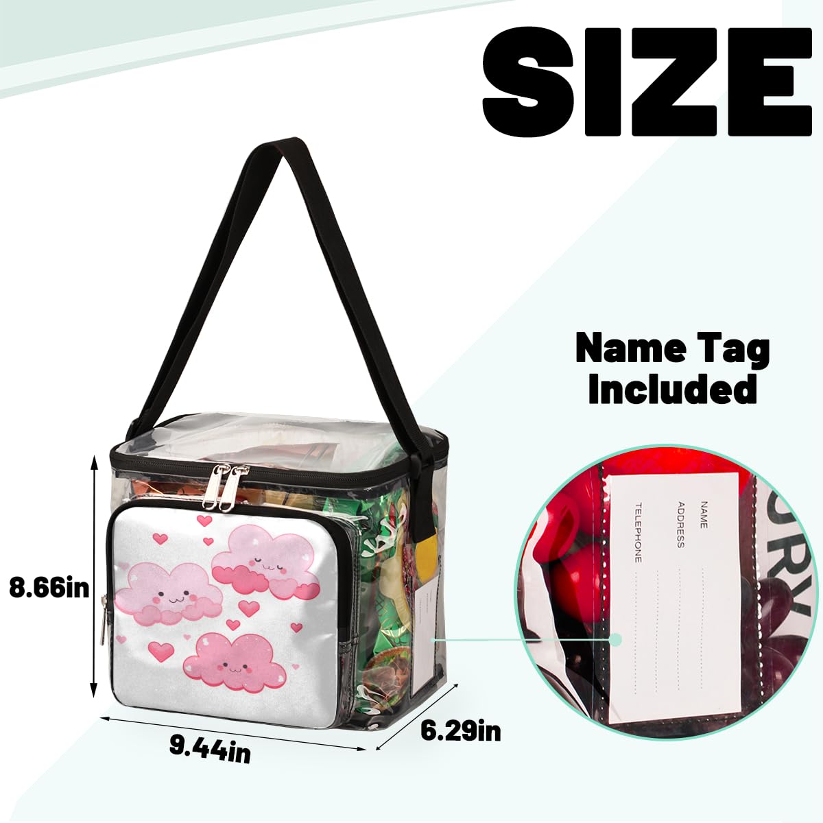 GzLeyigou Cute Pink Clouds Clear Tote Bag with Handles - Transparent Crossbody Shoulder Bag for Lunch, Outdoor, Travel, Picnic - Perfect for Concerts, Sports Events & Stadium Approved (Stadium-Friendly Clear Purse for Women & Girls)
