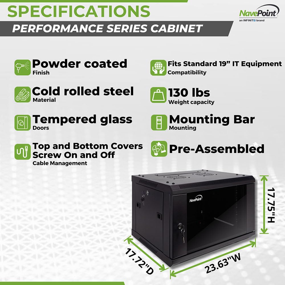 NavePoint 6U Wall Mount Server Rack Cabinet - 19 Inch Network Enclosure with Locking Glass Door, 2 Cooling Fans & Removable Side Panels | 17.7