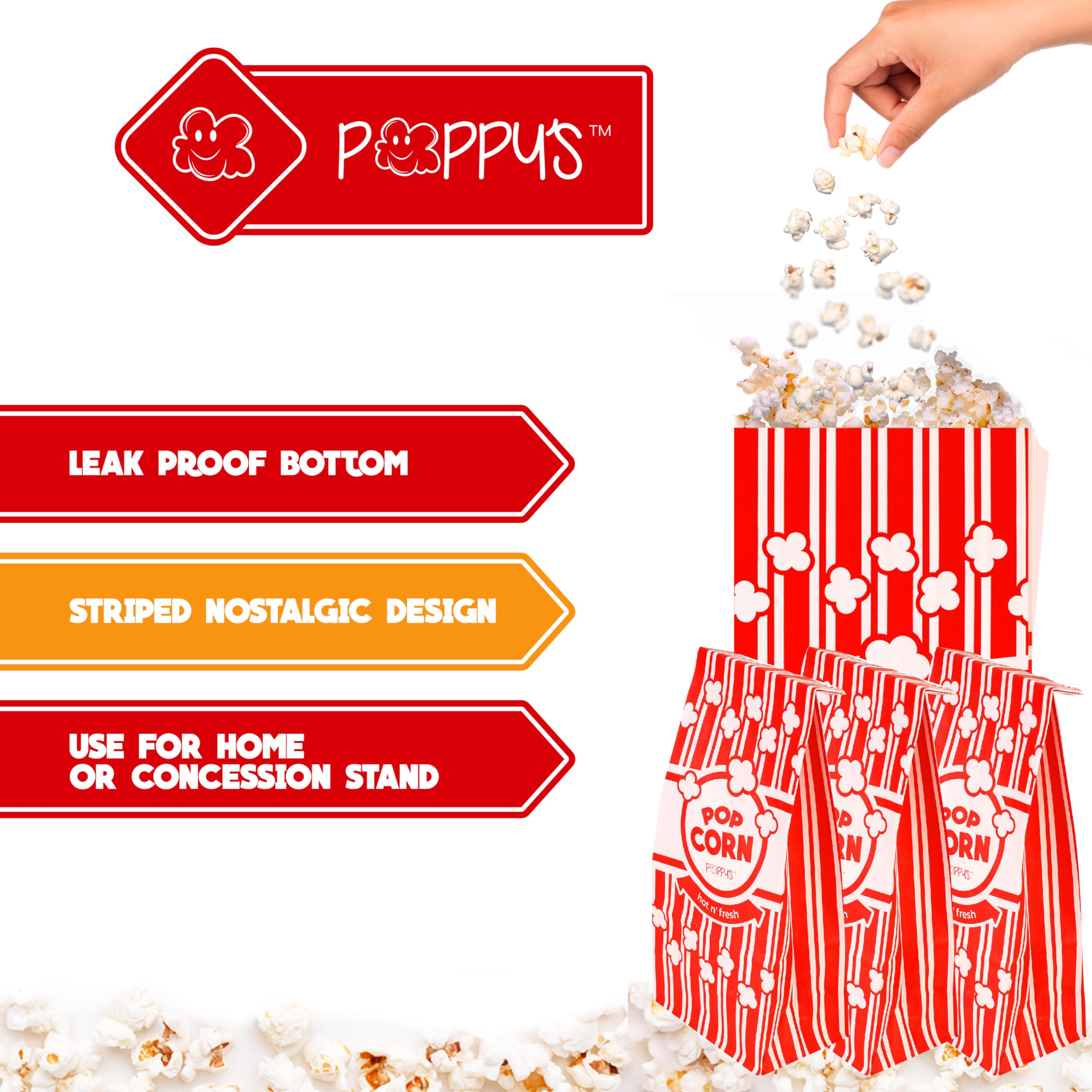 **Poppy's Flat Bottom Paper Popcorn Bags – 100 Pack 2 oz Concession-Grade Popcorn Bags for Popcorn Machines, Movie Nights, Parties & Concession Stands – Perfect for Home Theaters, Carnivals & Snack Bars**
