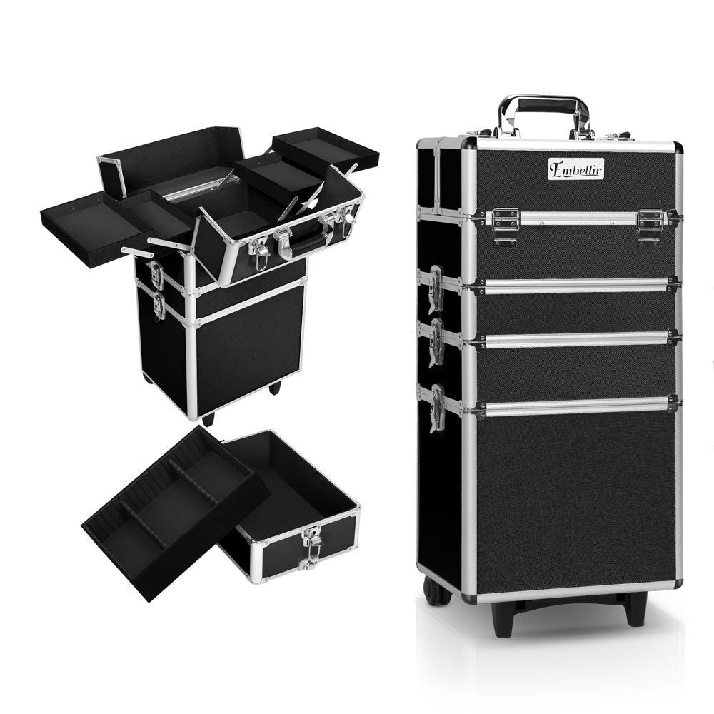 Embellir Professional Makeup Case with Wheels - Large Cosmetic Organizer for Travel & Salon - Black Beauty Trolley for Makeup Artists & Stylists