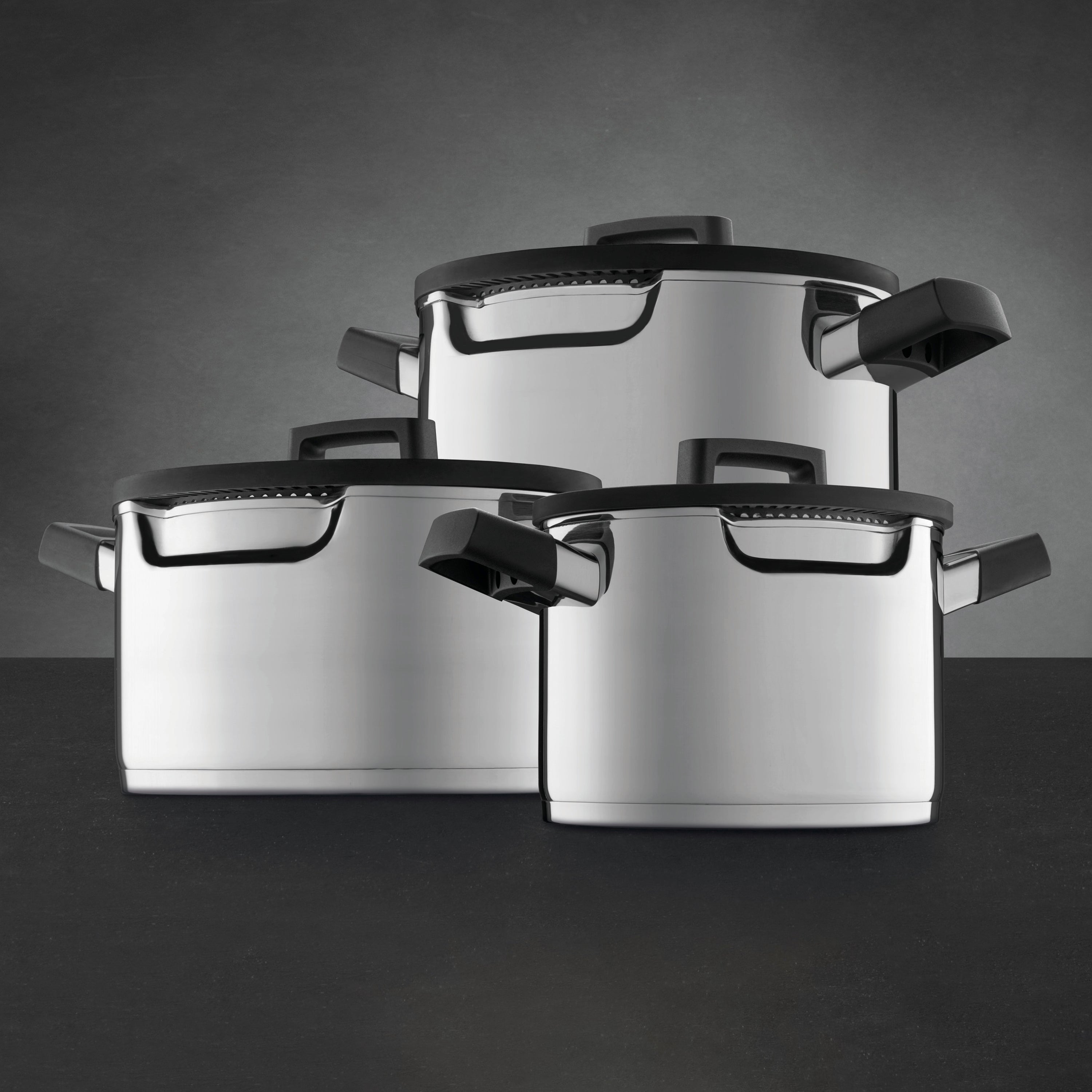 BergHOFF GEM 6-Piece Stainless Steel Cookware Set with Downdraft Technology - 18/10 Grade - Black Handles - Perfect for Gas & Induction Stoves - Ideal for Sautéing, Boiling & Frying in Modern Kitchens