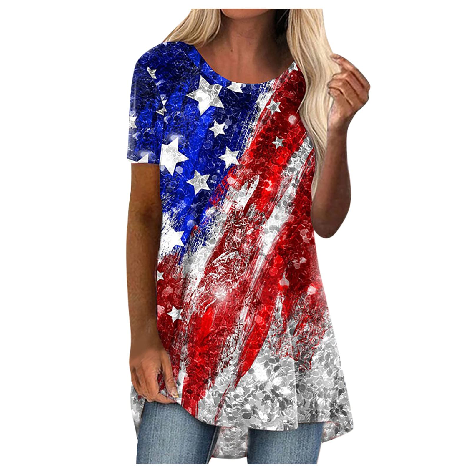 Women's Patriotic 4th of July Print Short Sleeve T-Shirt - Loose Fit Crewneck Tunic Top with Side Split | Perfect for Independence Day Celebrations, Summer BBQs & Casual Outings