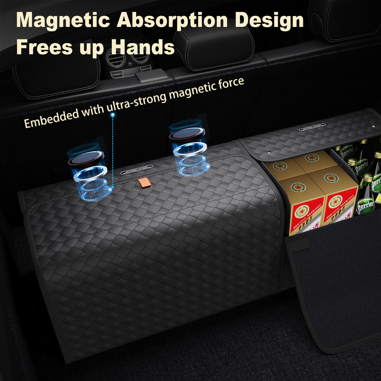 Premium GMQ Leather Car Trunk Organizer - Large Capacity Collapsible Storage for SUV, Truck, MPV (Black, L) | Perfect for Road Trips, Grocery Shopping & Vehicle Organization