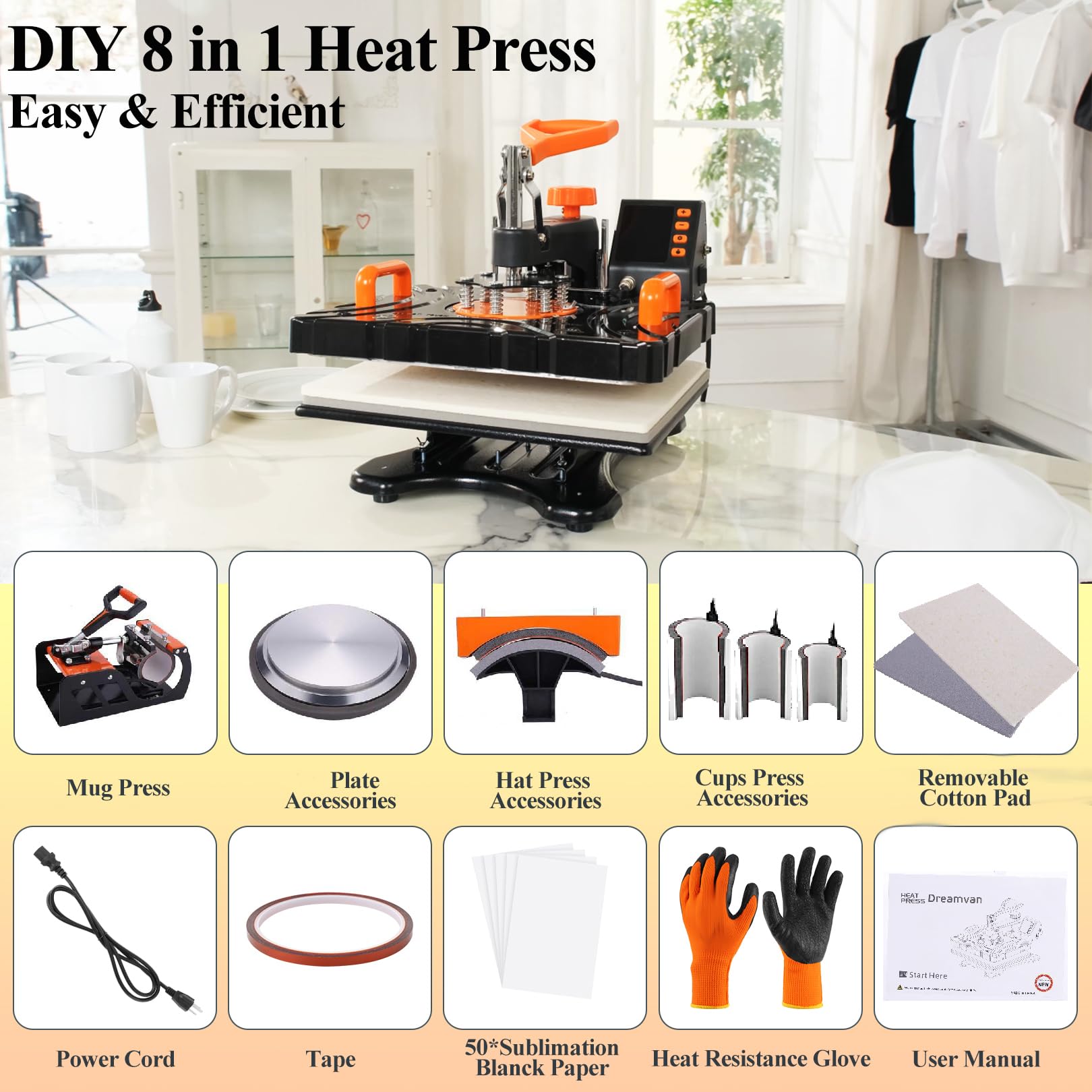 12x15 Inch 8-in-1 Heat Press Machine 850W with 360° Rotation Swing-Away Plate - Sublimation Printer for T-Shirts, Caps, Mugs & Tumblers - Perfect for DIY Custom Apparel, Hats & Drinkware at Home or Small Business