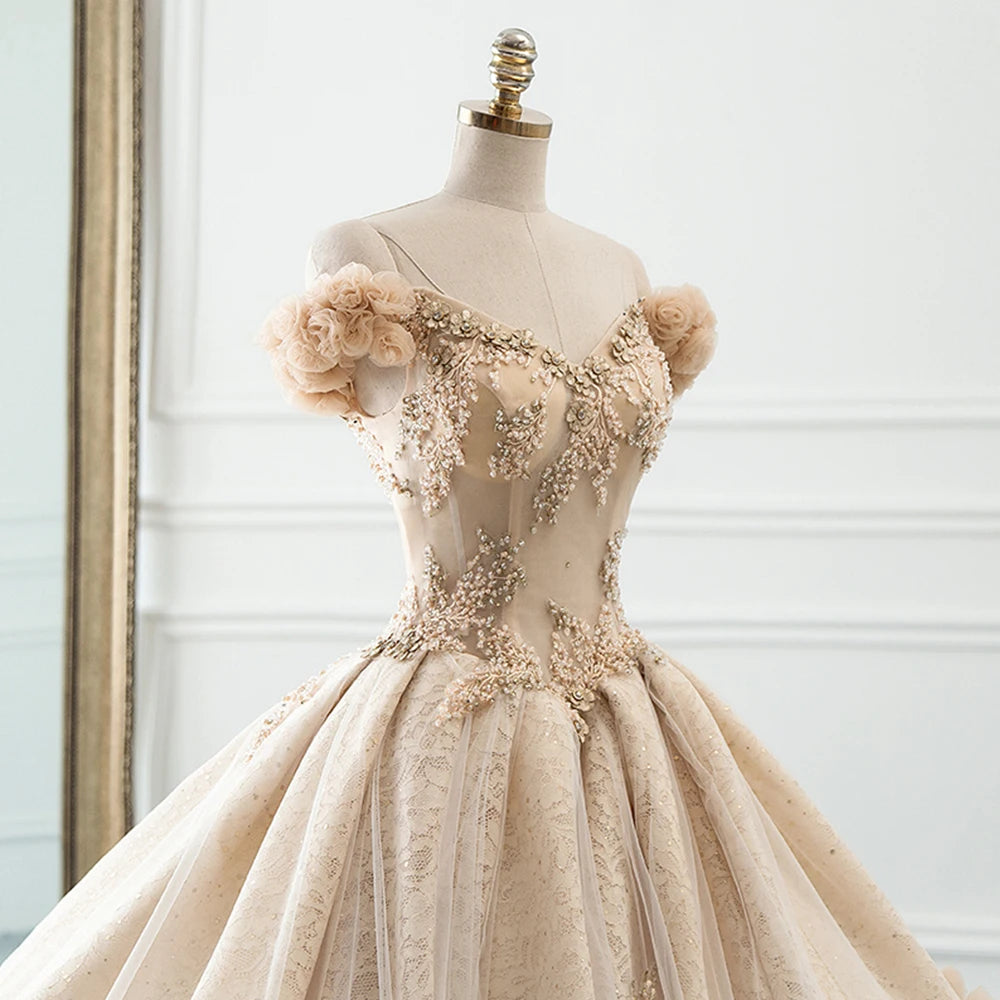 Luxury Handmade Tulle Ball Gown A-Line Wedding Dress with Floral Appliques - Perfect for Bridal, Prom, and Formal Occasions