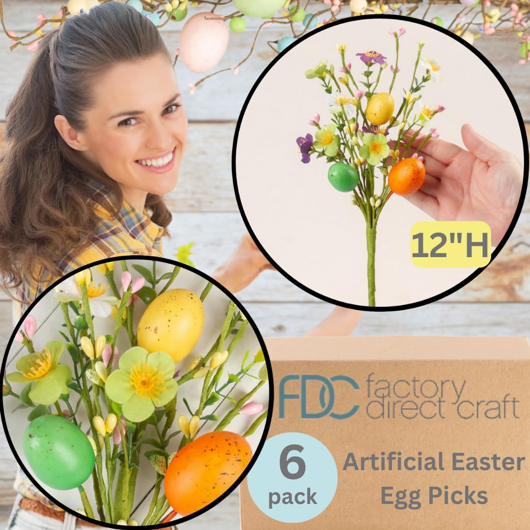 6 Pack Artificial Easter Egg Floral Picks with Pip Berries - 12 Inch Spring Decor for Easter, Holiday Flower Arrangements & DIY Home Centerpieces