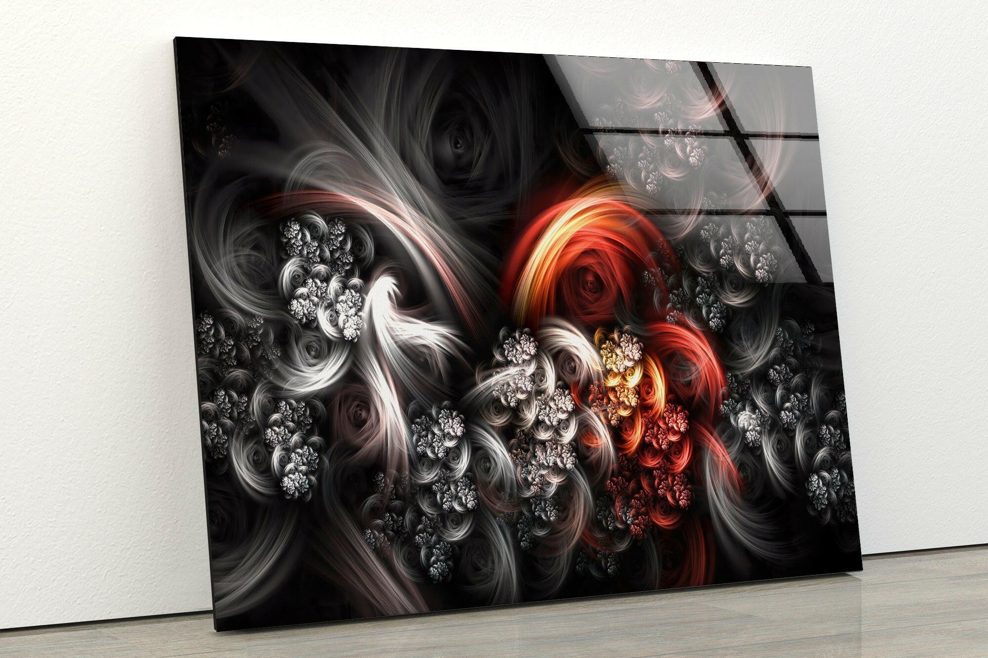 Modern Black and Red Fractal Glass Wall Art - Handmade Abstract Home Decor for Living Room, Bedroom & Office - Unique Contemporary Wall Hanging for Interior Design