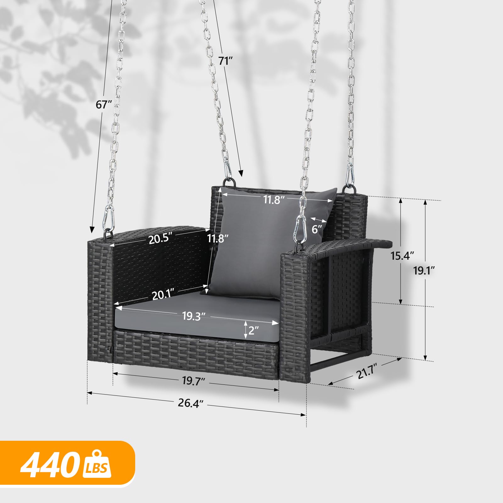 VINGLI 2.2 FT Outdoor Rattan Swing Chair with Cushions - 440 LB Weight Capacity, Adjustable Chains - Patio Wicker Bench for Garden, Yard, Lawn, Tree - Perfect for Relaxing on Porch, Backyard or Under Shade Trees (Black)