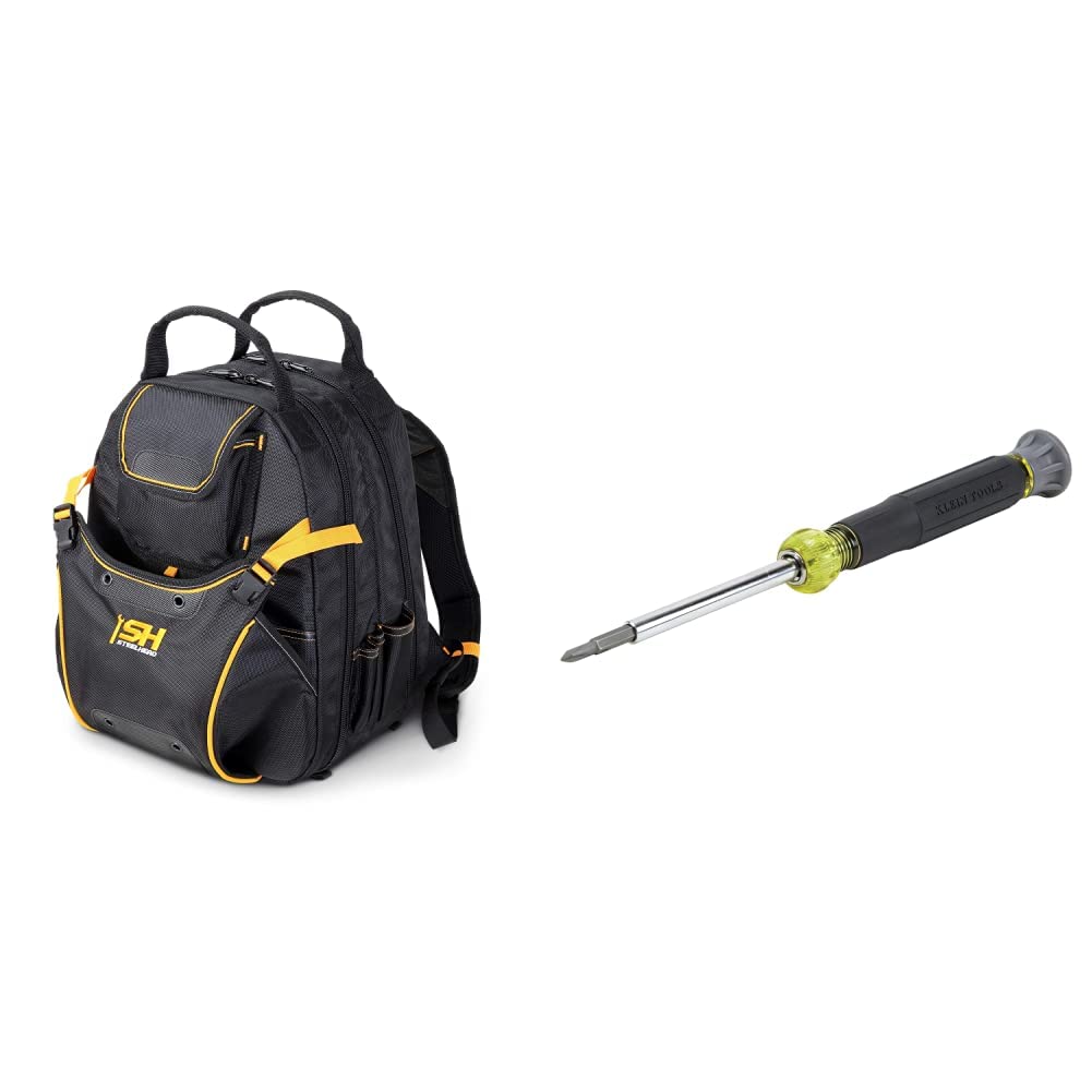 STEELHEAD 48-Pocket Heavy-Duty Tool Backpack with Padded Back Support & Klein Tools 32581 4-in-1 Electronics Screwdriver Set - Includes 2 Slotted & 2 Phillips Precision Machine Bits (4-Piece) - Perfect for Electricians, Technicians & DIY Home Repairs