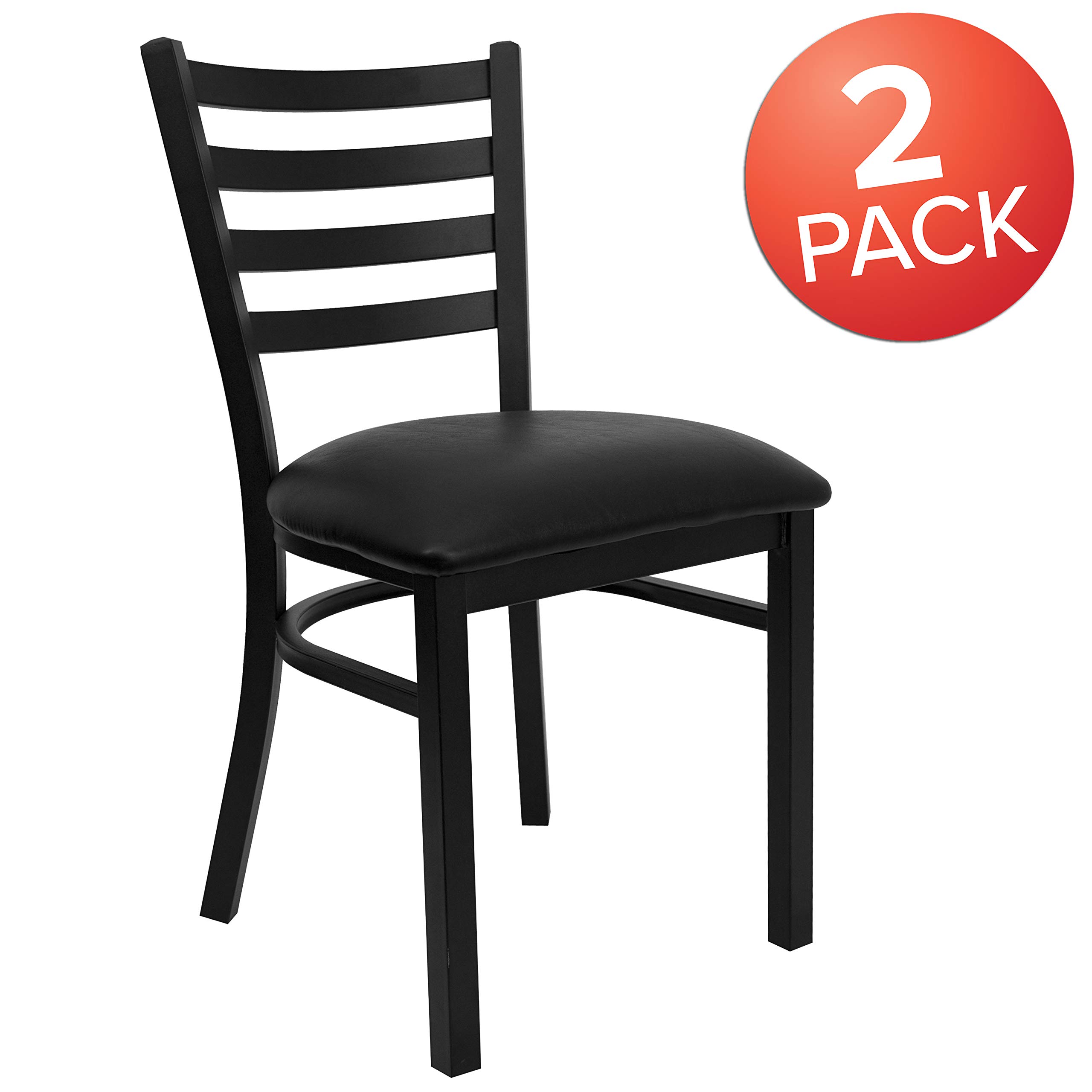 2 Pack Black Metal Ladder Back Restaurant Chairs with Vinyl Seat - Commercial Dining Furniture for Cafes, Diners & Home Kitchen Use