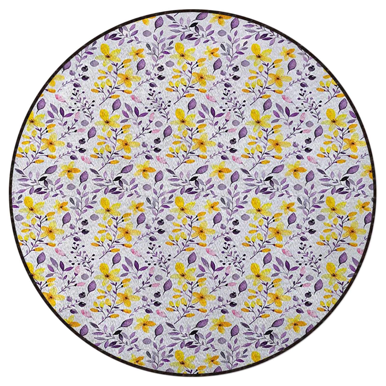 Yellow Purple White Watercolor Coffee Table Rug - 3 ft Round Non-Slip Chair Mat for Hardwood Floors | Perfect for Living Room, Office & Home Decor
