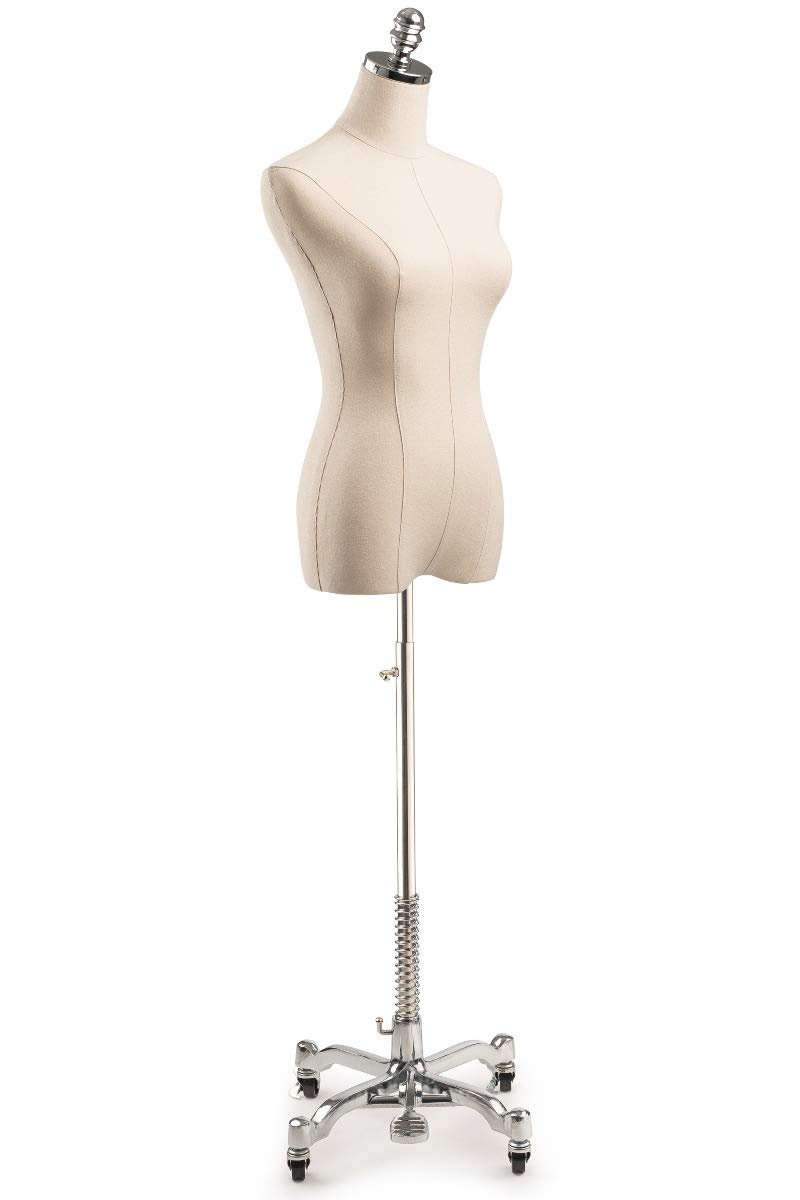 TSC Medium Chrome Female Dress Form Mannequin - Adjustable Natural Canvas Display on Rolling Metal Base for Fashion Design, Tailoring & Boutique Displays