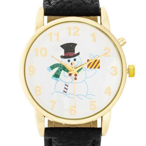 Elegant Gold Holiday Tune Watch with Genuine Black Leather Strap - Perfect for Christmas Gifts, Party Events & Formal Occasions