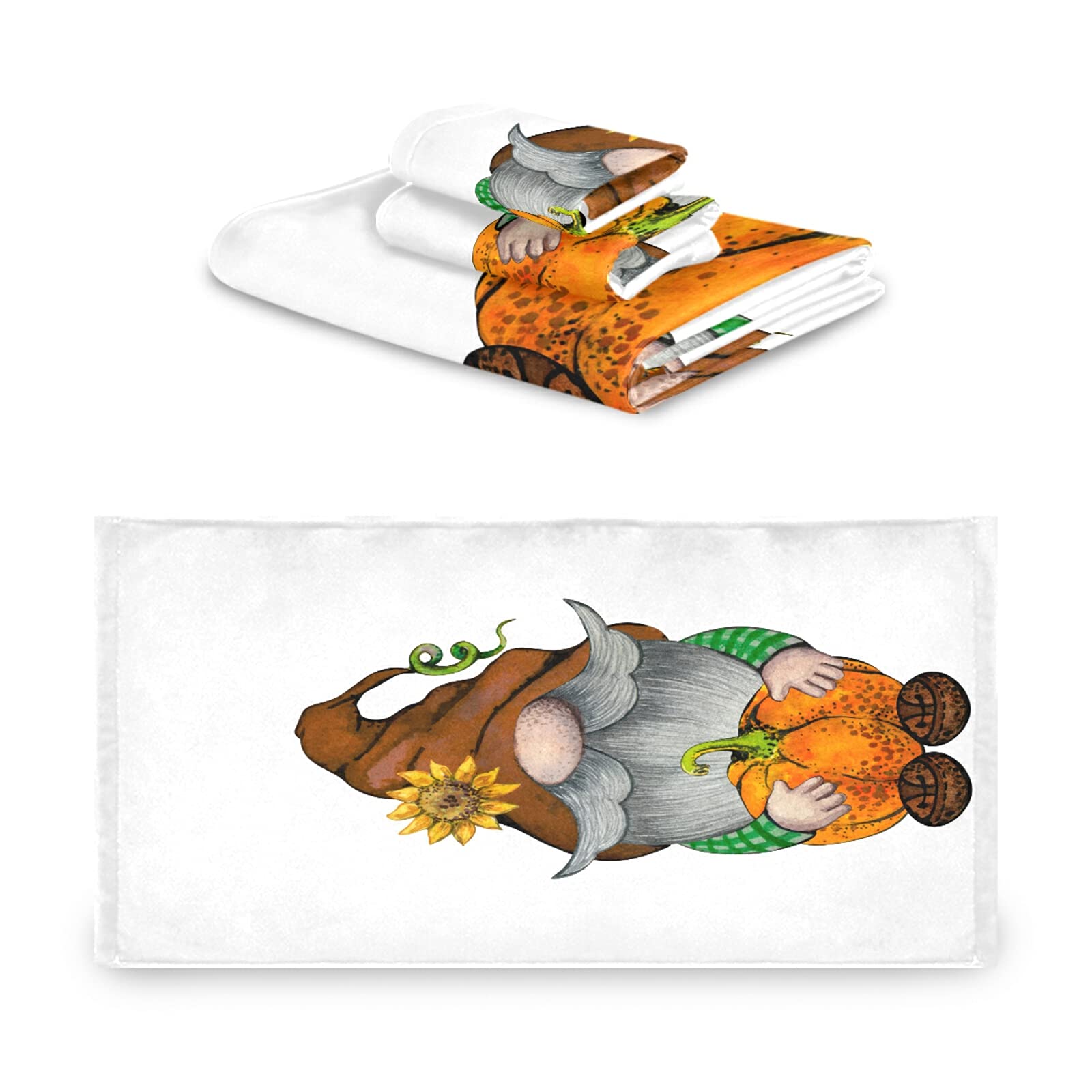 ALAZA Brown Fall Gnome with Pumpkins Bath Towel Set - Luxury 3-Piece Decorative Towel Set (1 Bath Towel, 1 Hand Towel, 1 Washcloth) - Ultra Soft & Absorbent for Bathroom, Hotel, Gym, Yoga & Spa