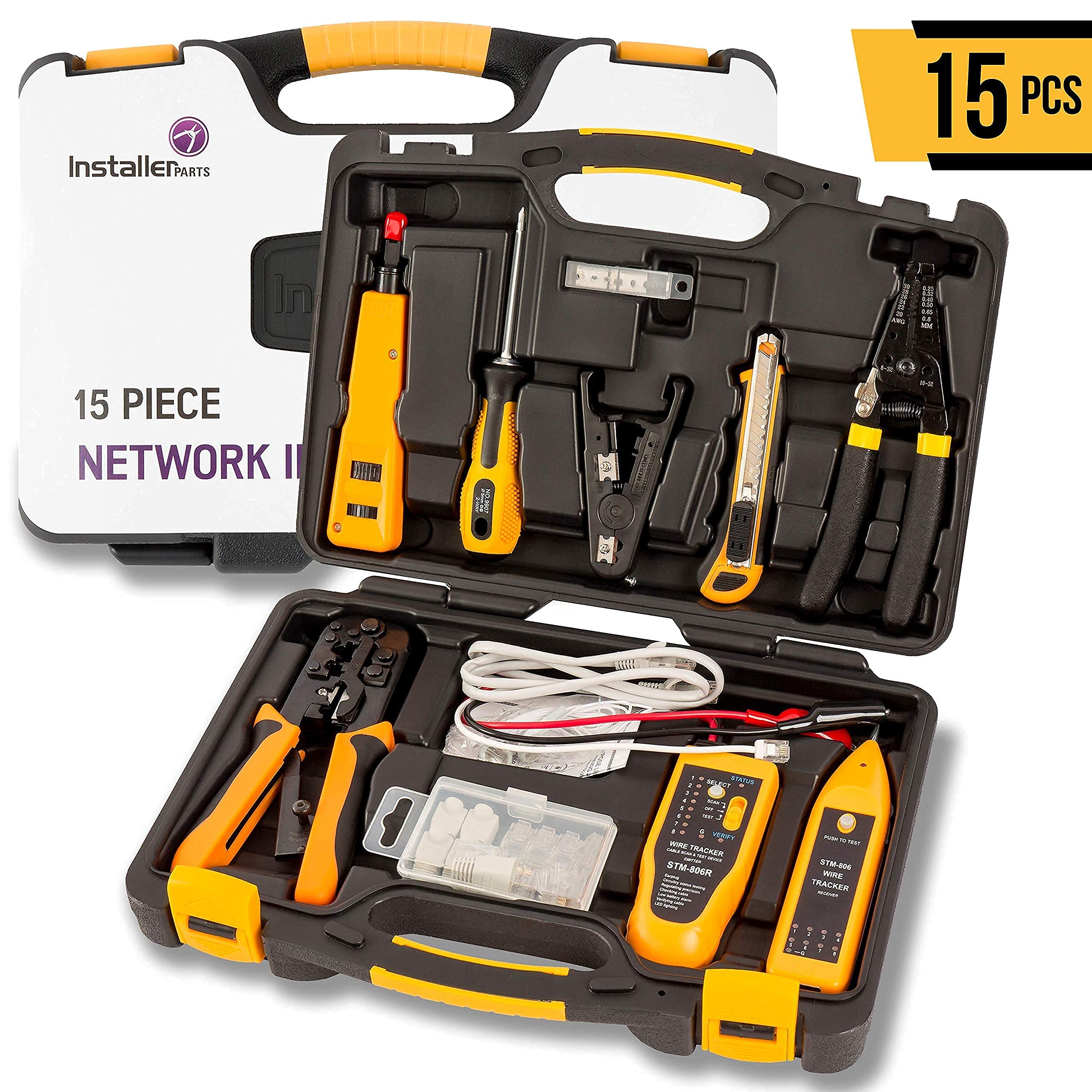 15 in 1 Network Repair Tool Kit with Crimping Tool, LAN/Ethernet/Cat5/Cat6 Cable Tester, Wire Stripper & 10 Pack CAT6 UTP Booted Cables - Professional Electronic Tool Set for Network Installation & Maintenance | Perfect for IT Technicians, Electricians & DIY Home Networking Projects