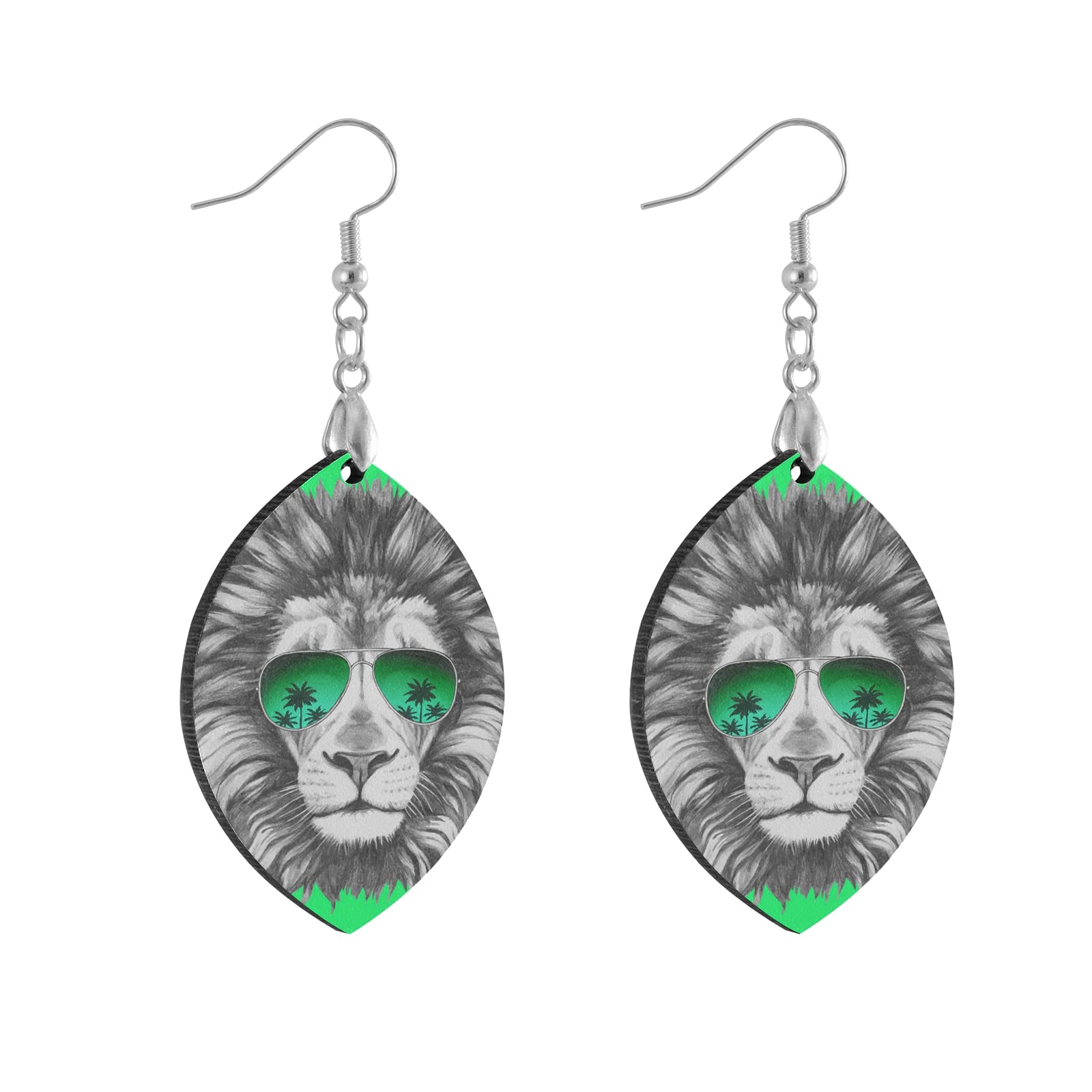 YYZZH Green Tropical Lion & Palm Tree Sunglasses with Wood Teardrop Dangle Earrings Set - Women's Summer Beach Accessories for Vacation, Pool Party & Festival Outfits